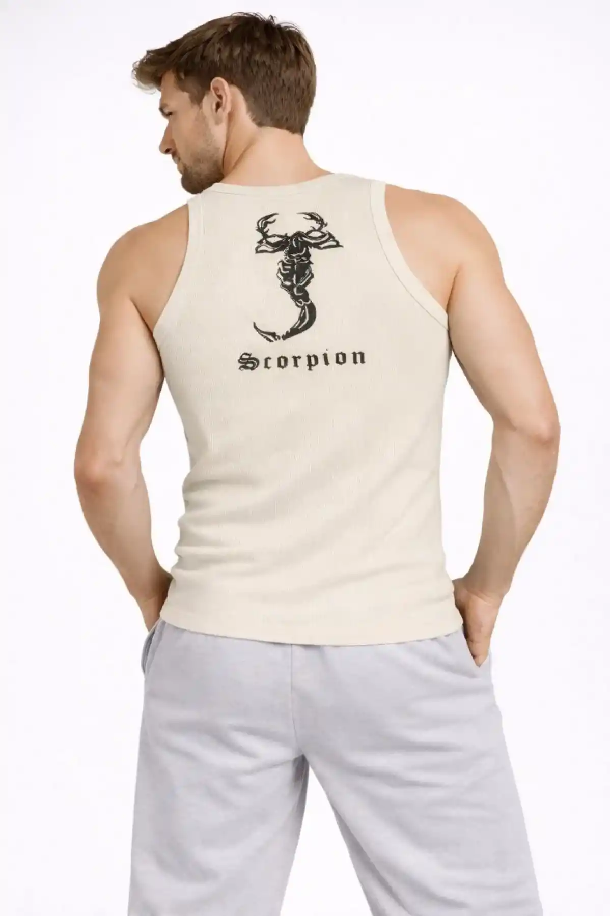 Erkek Spor Fitilli Atlet 2li Set Siyah ve Bej Slim Fit Kaşkorse Arka Baskılı Spor Atlet