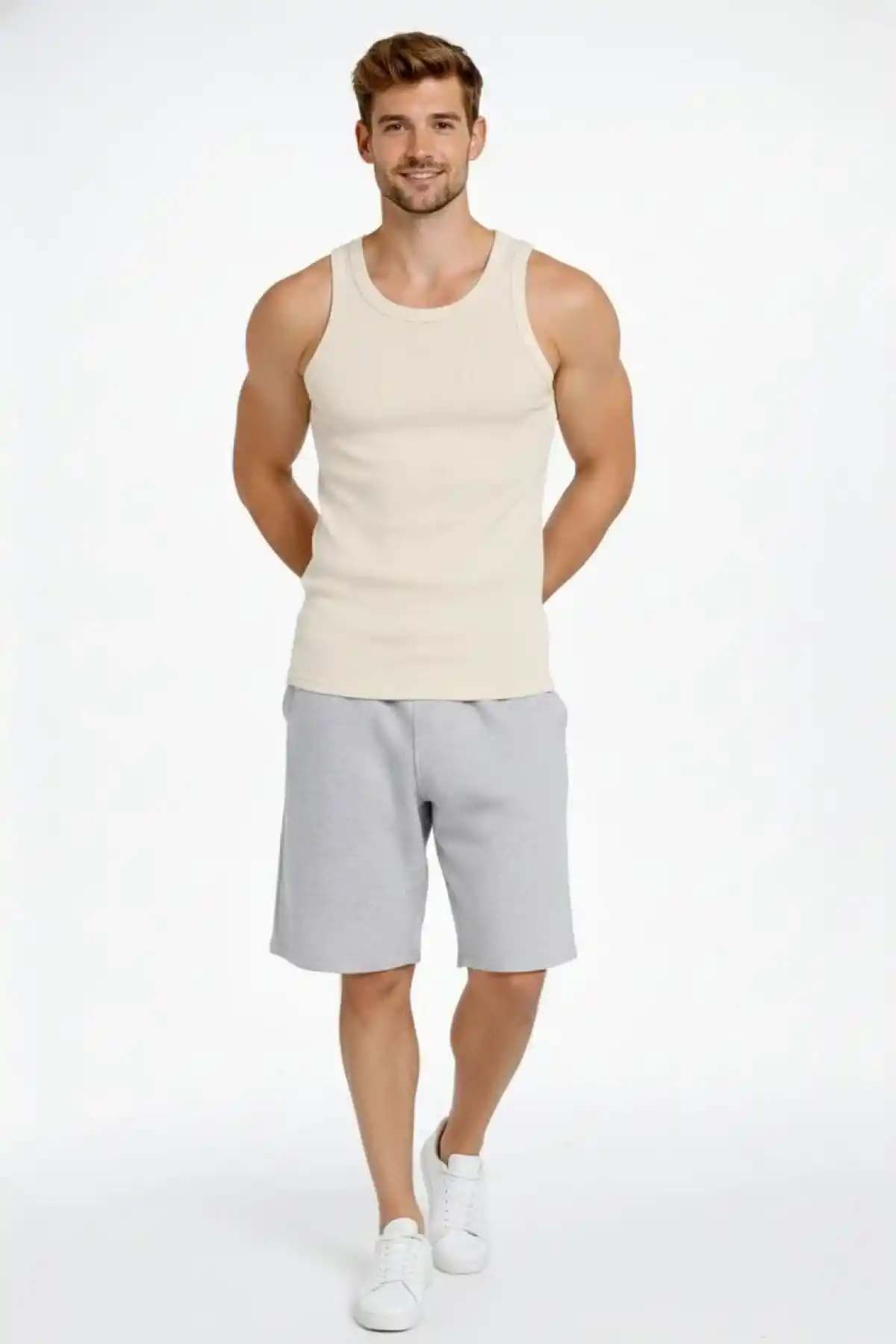 Erkek Spor Fitilli Atlet 2li Set Siyah ve Bej Slim Fit Kaşkorse Arka Baskılı Spor Atlet