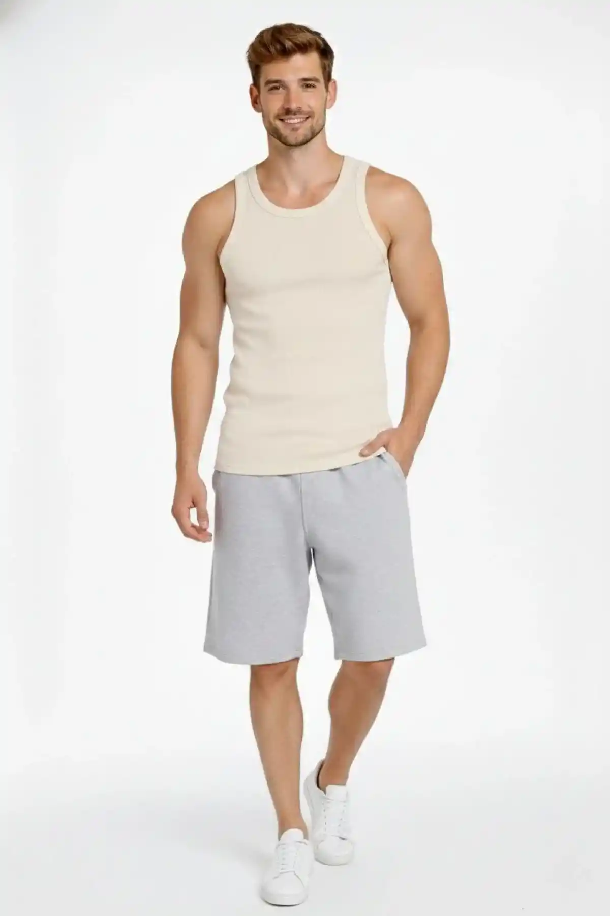 Erkek Spor Fitilli Atlet 2li Set Siyah ve Bej Slim Fit Kaşkorse Arka Baskılı Spor Atlet