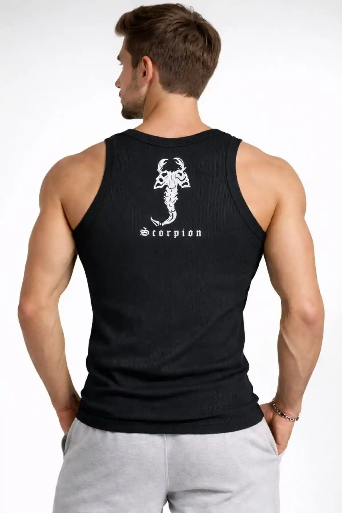 Erkek Spor Fitilli Atlet 2li Set Siyah ve Bej Slim Fit Kaşkorse Arka Baskılı Spor Atlet