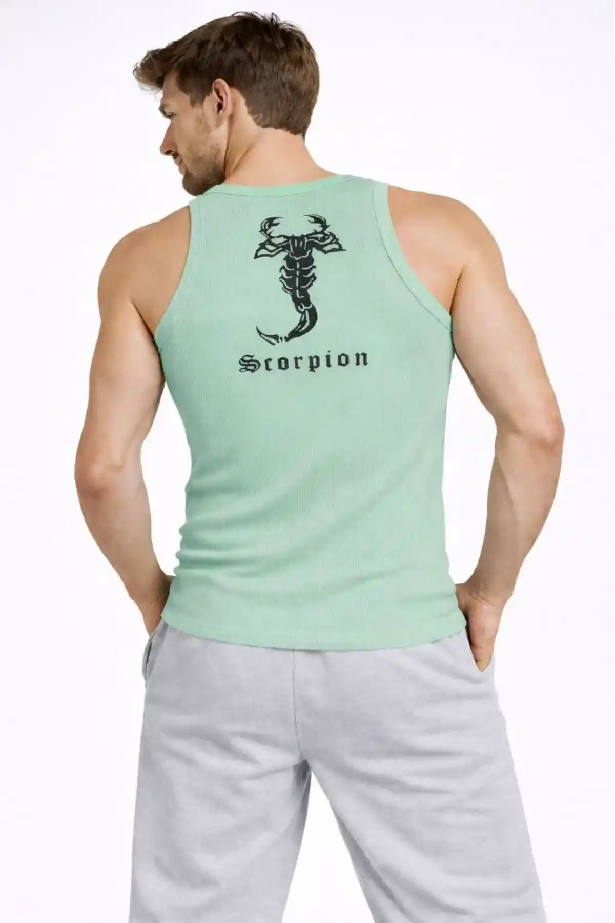 Erkek Spor Fitilli Atlet 2li Set Siyah ve Mint Yeşili Slim Fit Kaşkorse Arka Baskılı Spor Atlet