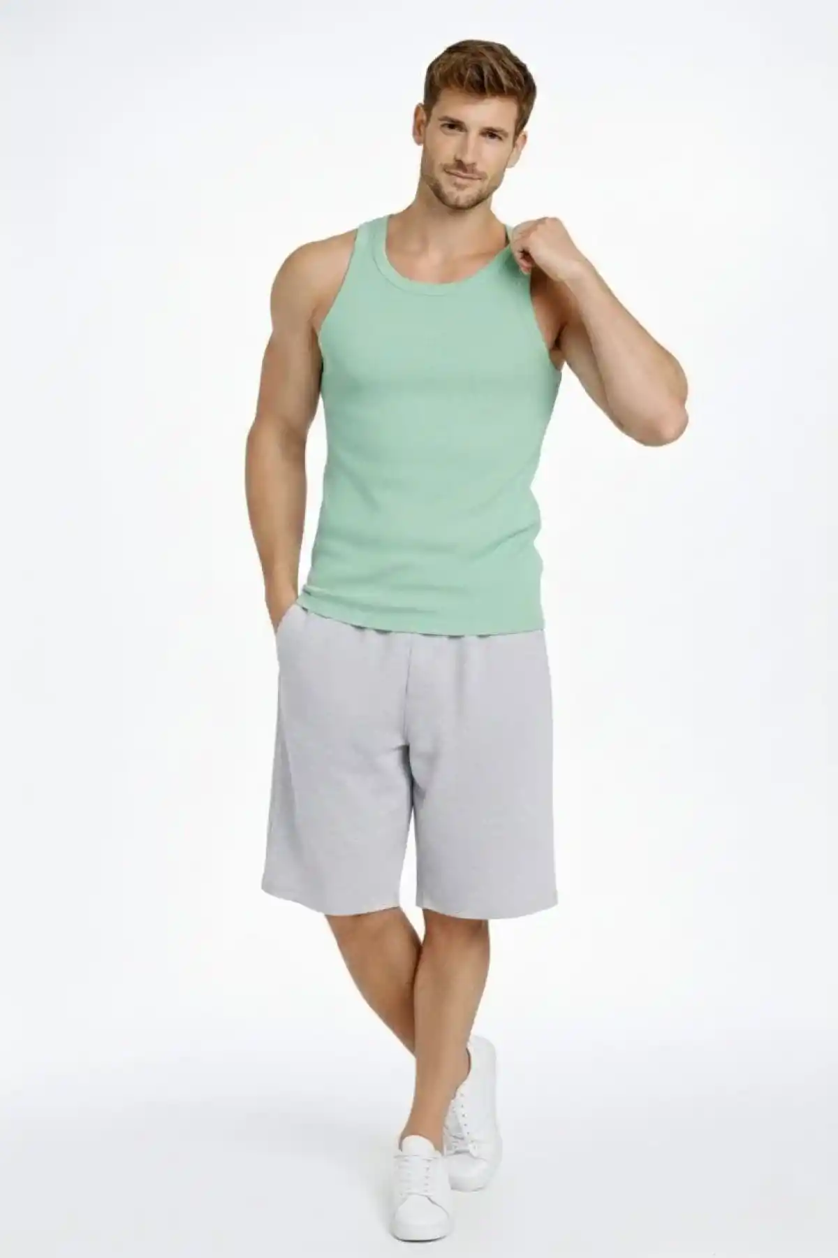 Erkek Spor Fitilli Atlet 2li Set Siyah ve Mint Yeşili Slim Fit Kaşkorse Arka Baskılı Spor Atlet