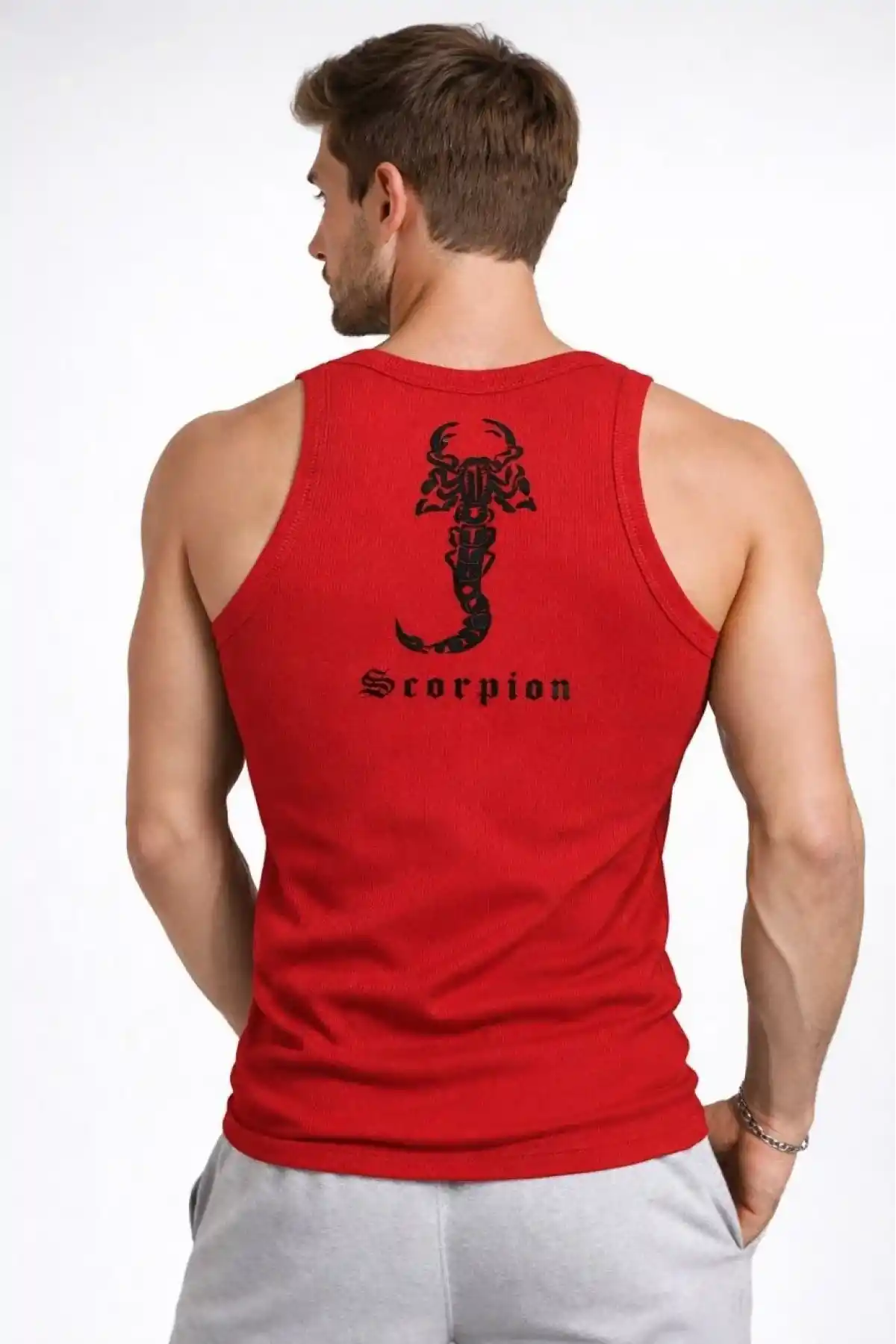 Erkek Spor Fitilli Atlet 3lü Set Kırmızı, Siyah ve Beyaz Slim Fit Kaşkorse Arka Baskılı Spor Atlet