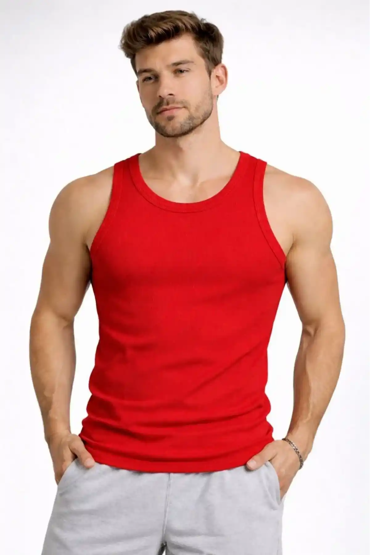 Erkek Spor Fitilli Atlet 3lü Set Kırmızı, Siyah ve Beyaz Slim Fit Kaşkorse Arka Baskılı Spor Atlet