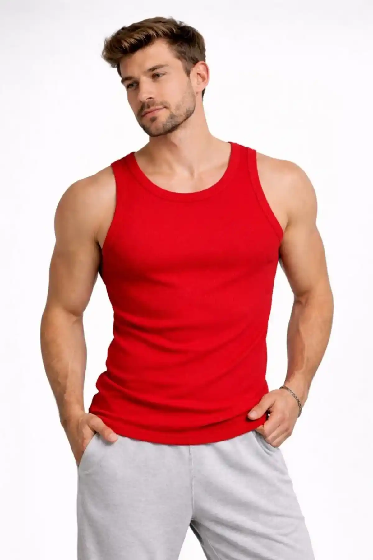 Erkek Spor Fitilli Atlet 3lü Set Kırmızı, Siyah ve Beyaz Slim Fit Kaşkorse Arka Baskılı Spor Atlet