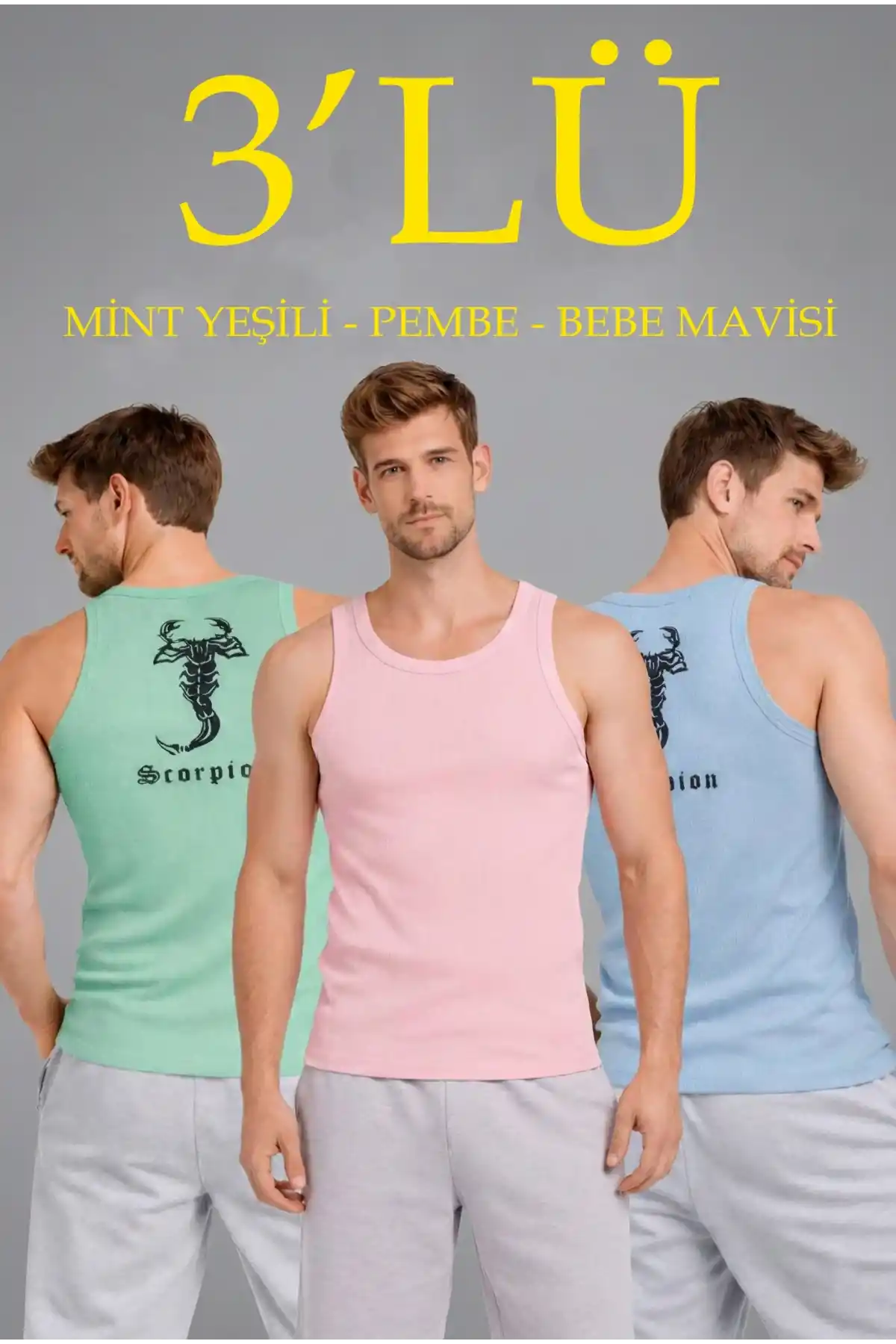 Erkek Spor Fitilli Atlet 3lü Set Mint Yeşili Pembe Bebek Mavisi Slim Fit Kaşkorse Arka