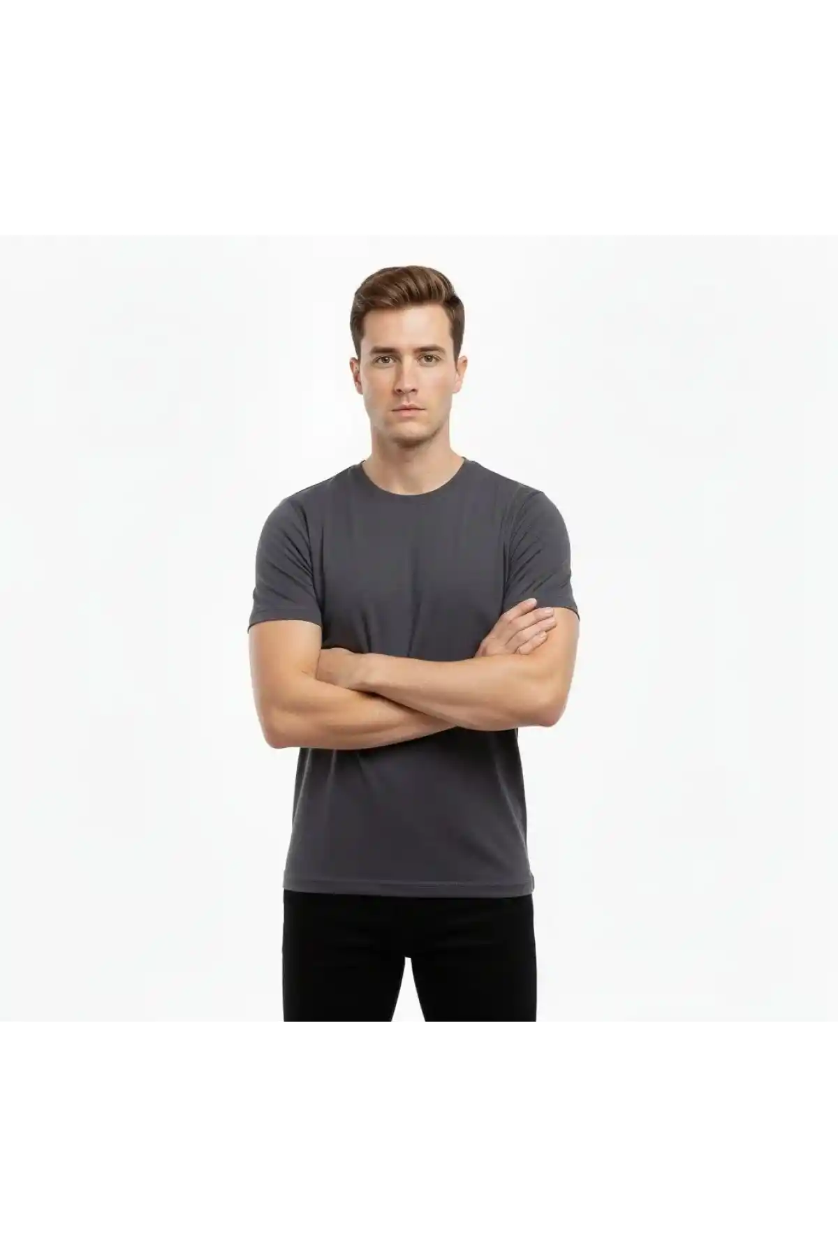 Erkek Bisiklet Yaka Slim Fit dar kesim Likralı Tişört - Füme