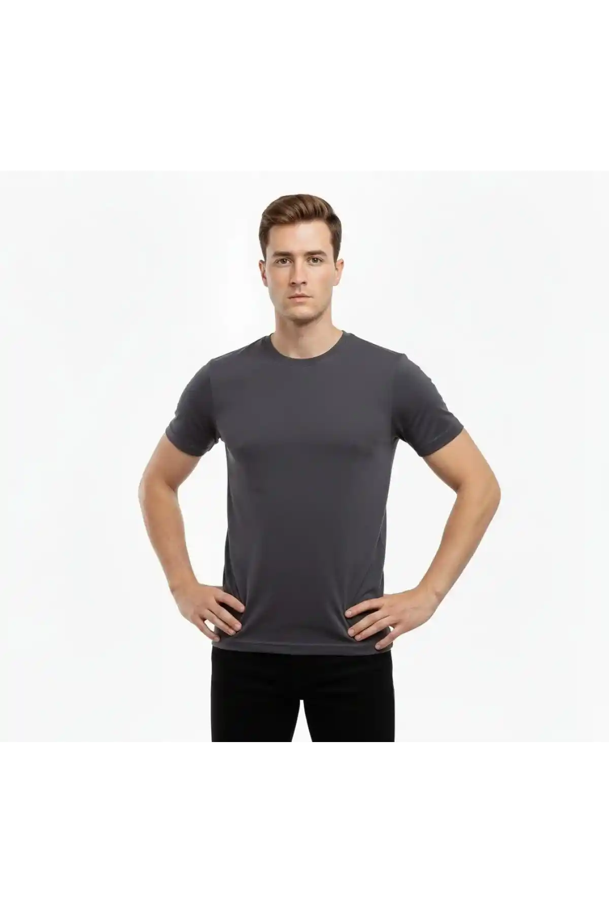 Erkek Bisiklet Yaka Slim Fit dar kesim Likralı Tişört - Füme