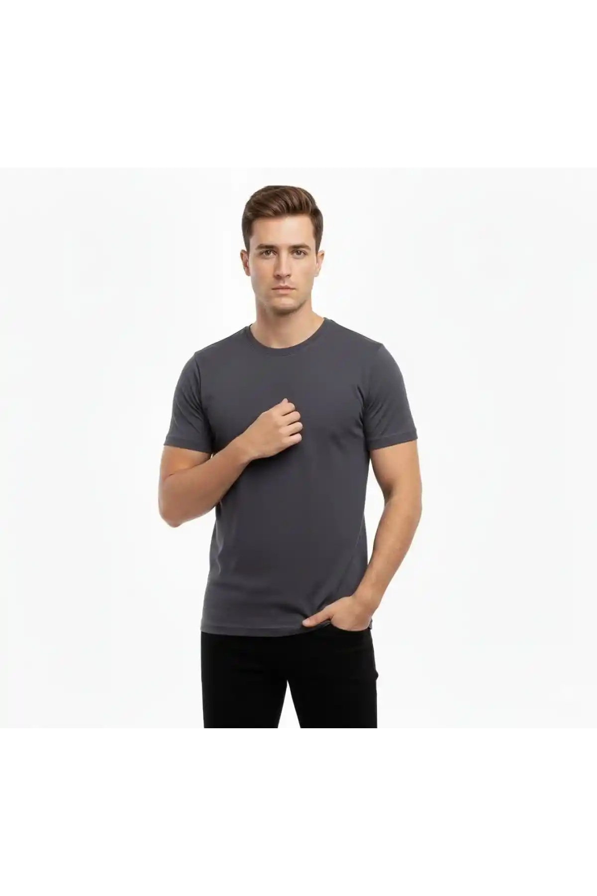 Erkek Bisiklet Yaka Slim Fit dar kesim Likralı Tişört - Füme