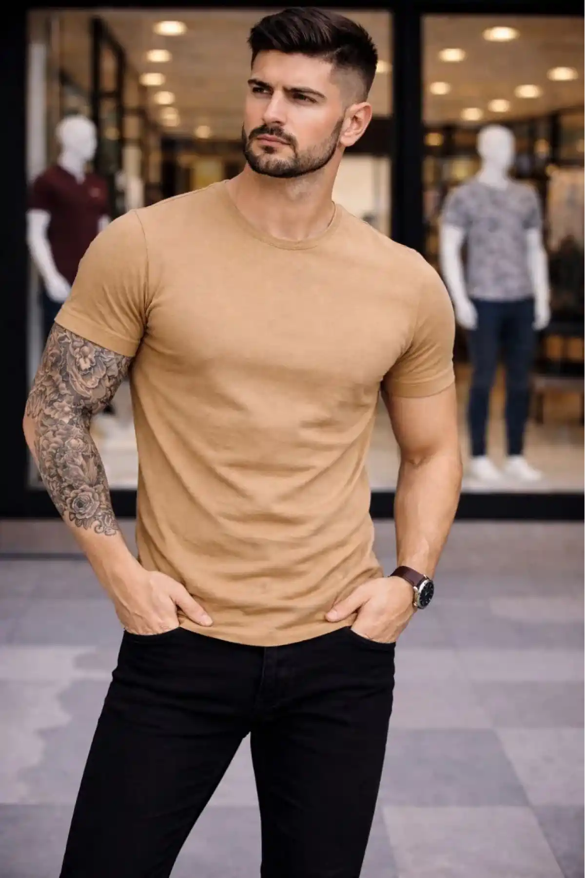 Erkek T-Shirt Bisiklet Yaka Slim Fit dar kesim Likralı Tişört Günlük Basic Body - Kahverengi