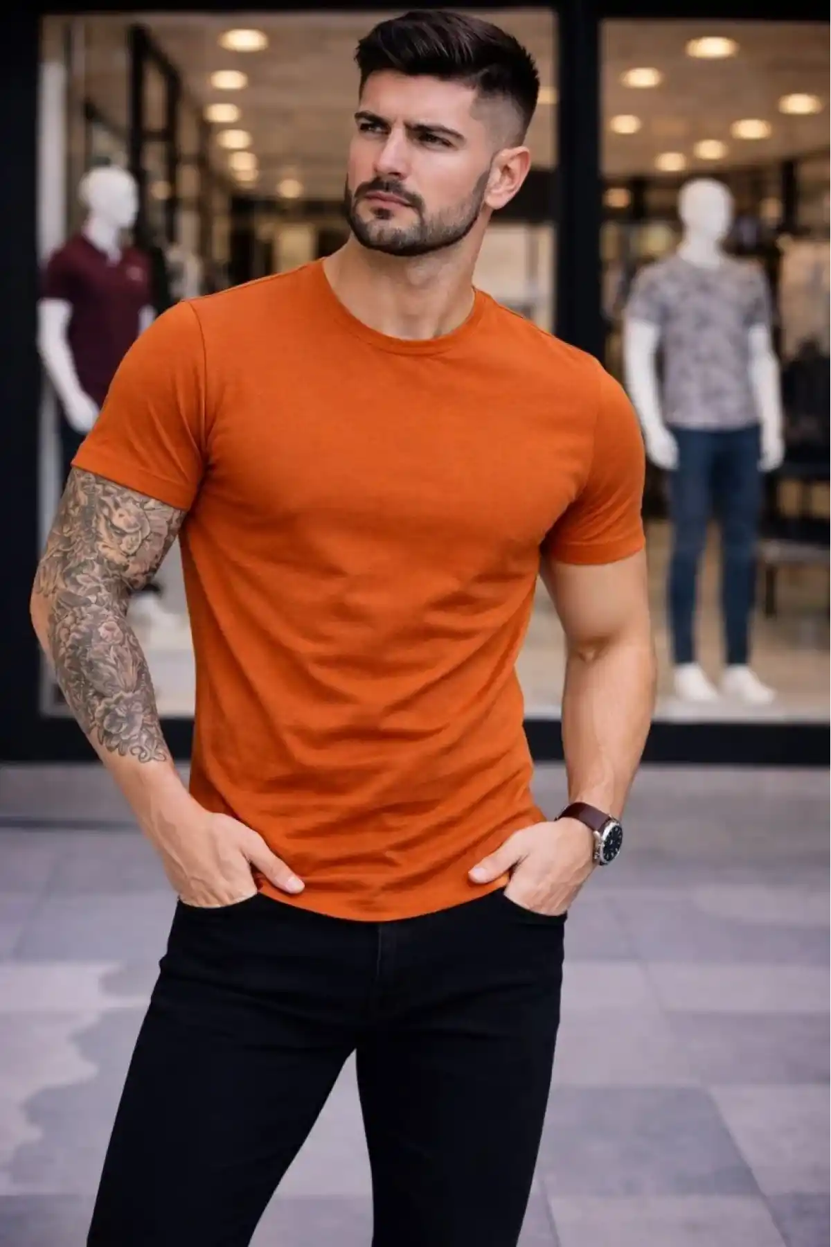 Erkek T-Shirt Bisiklet Yaka Slim Fit dar kesim Likralı Tişört Günlük Basic Body - Koyu Turuncu