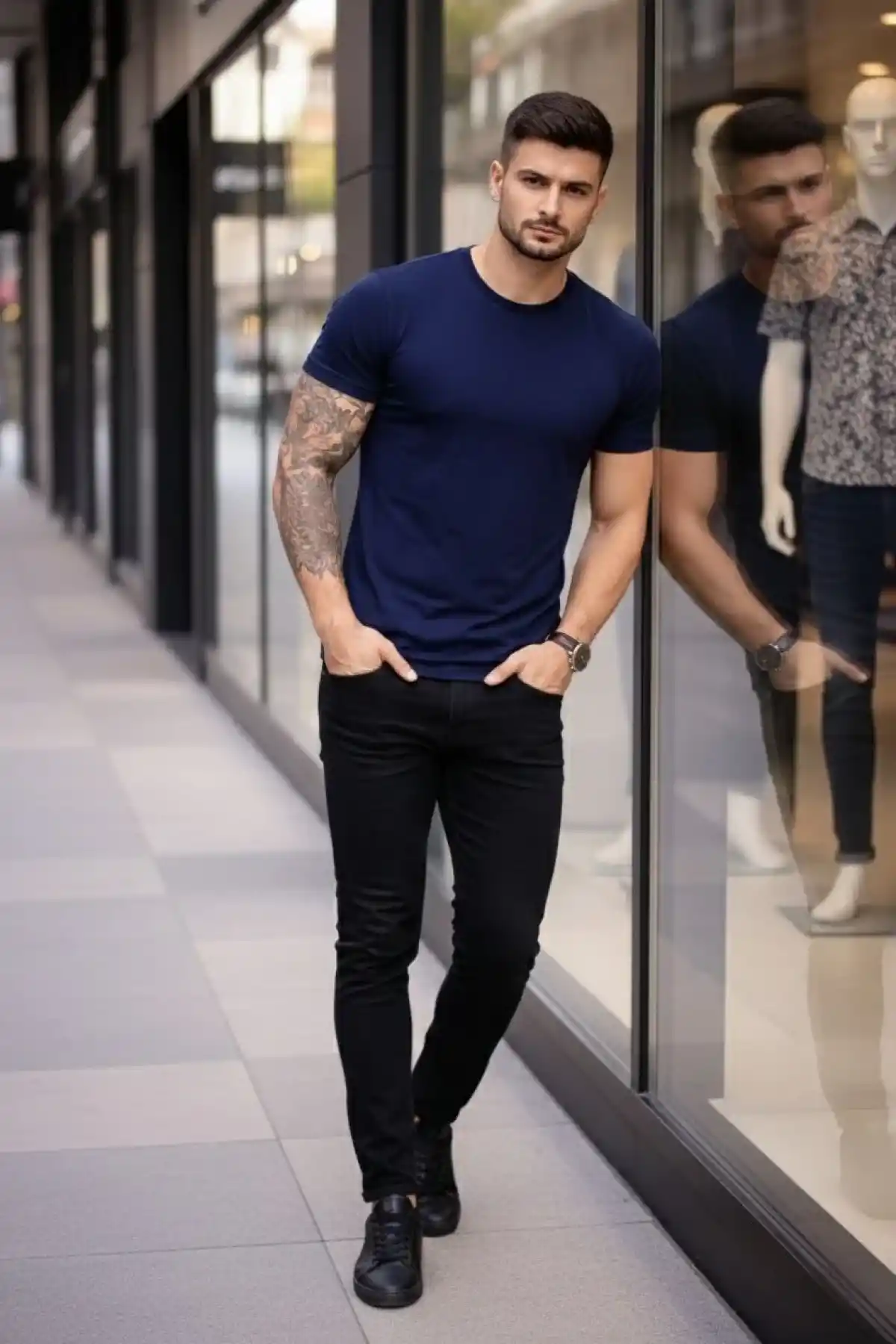 Erkek T-Shirt Bisiklet Yaka Slim Fit dar kesim Likralı Tişört Günlük Basic Body - Lacivert