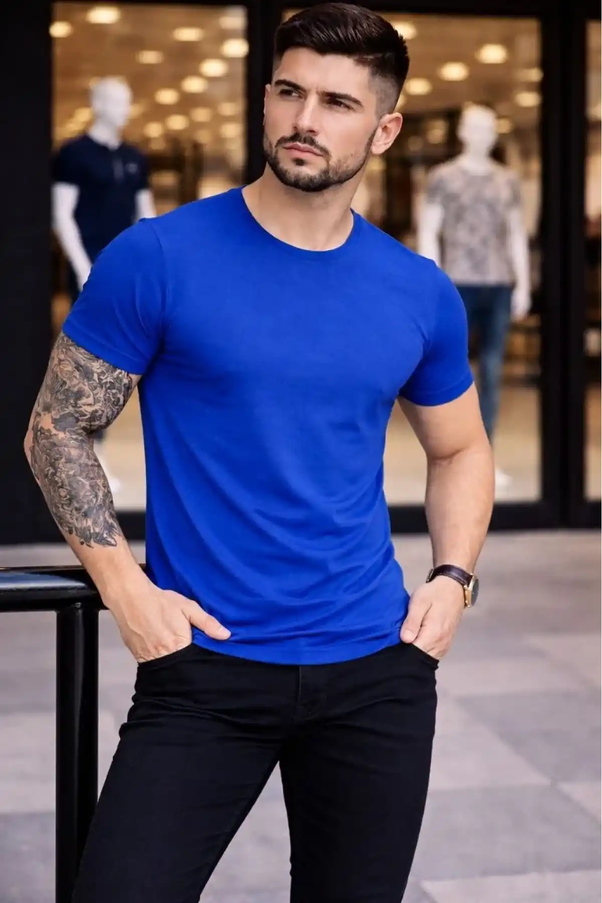 Erkek T-Shirt Bisiklet Yaka Slim Fit dar kesim Likralı Tişört Günlük Basic Body - Saks Mavisi