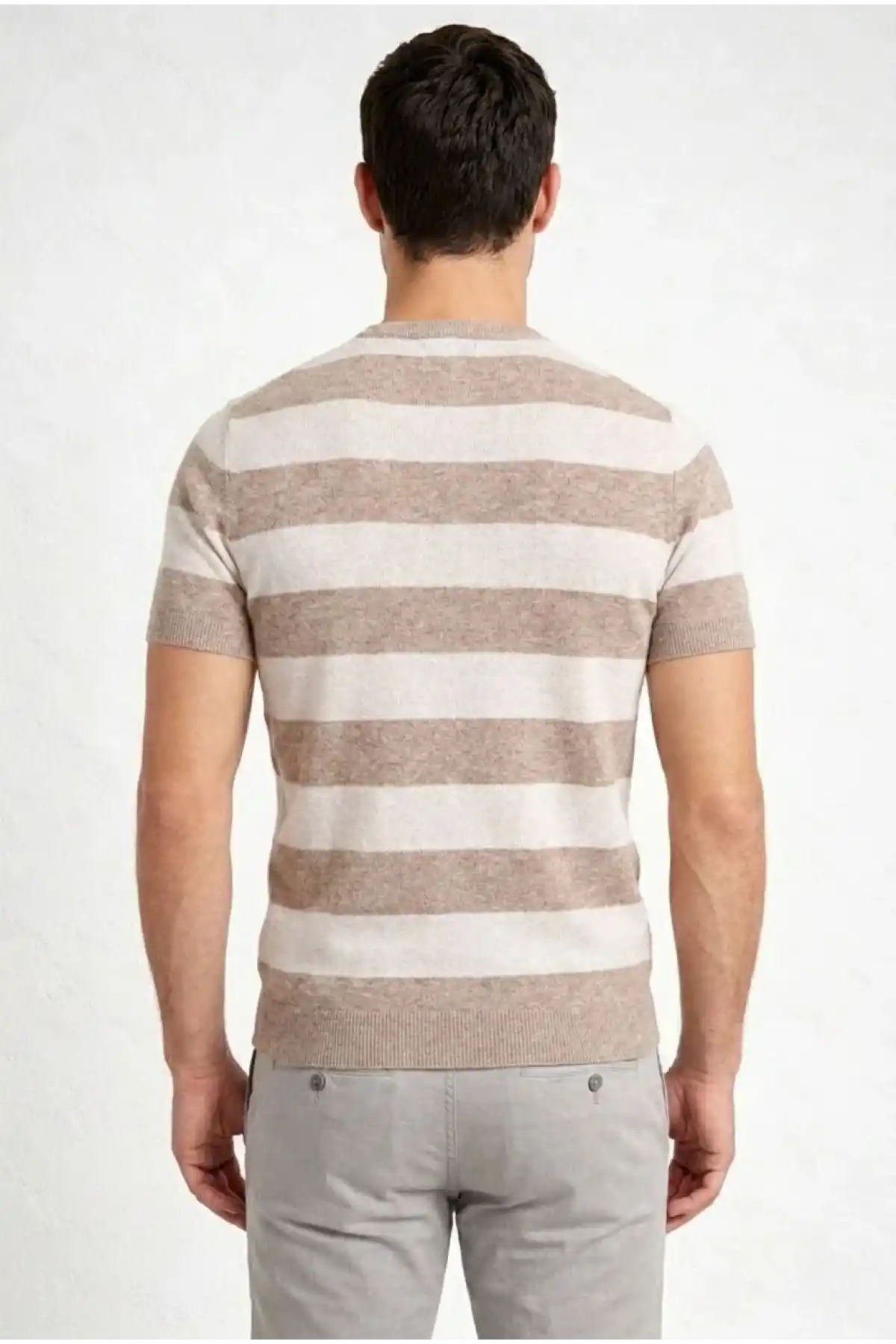 Erkek T-shirt Çizgili Triko Dokuma Bisiklet Yaka Tişört - Bej