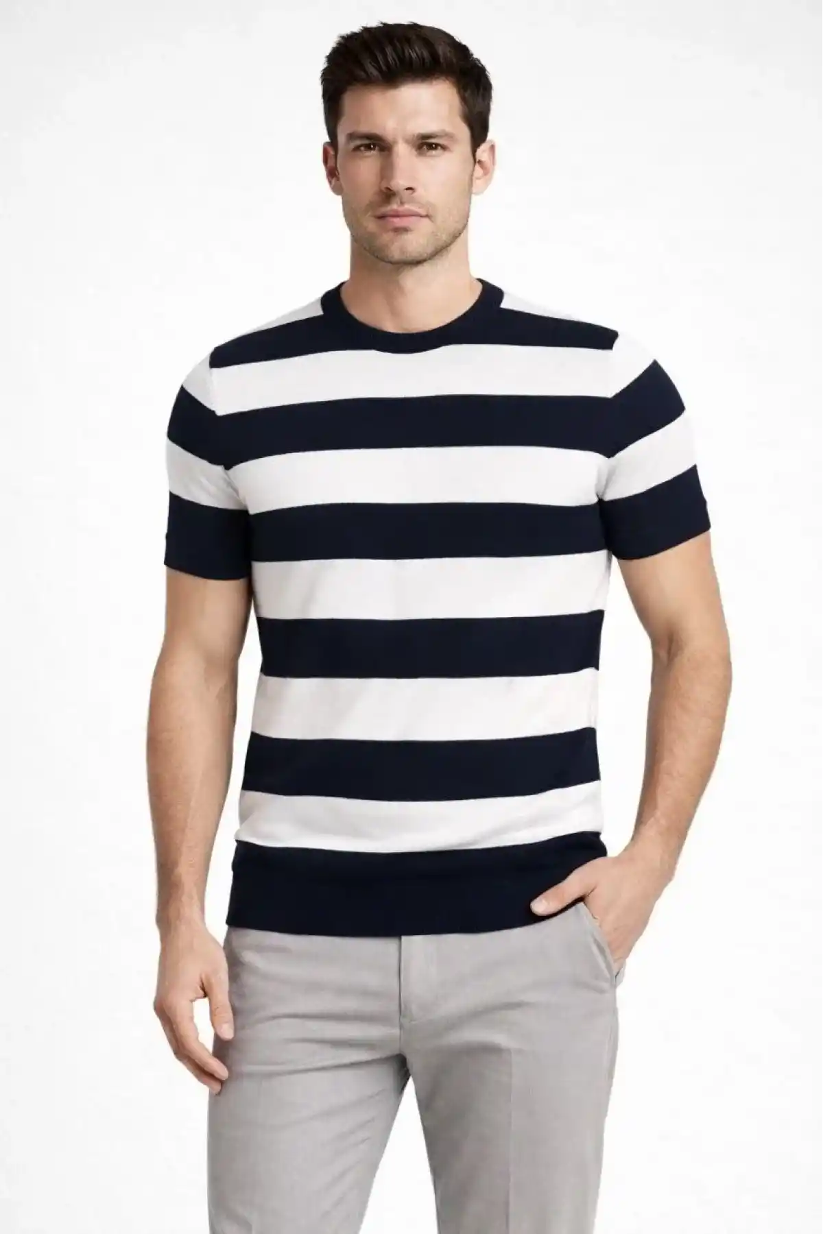 Erkek T-shirt Çizgili Triko Dokuma Bisiklet Yaka Tişört  - Siyah
