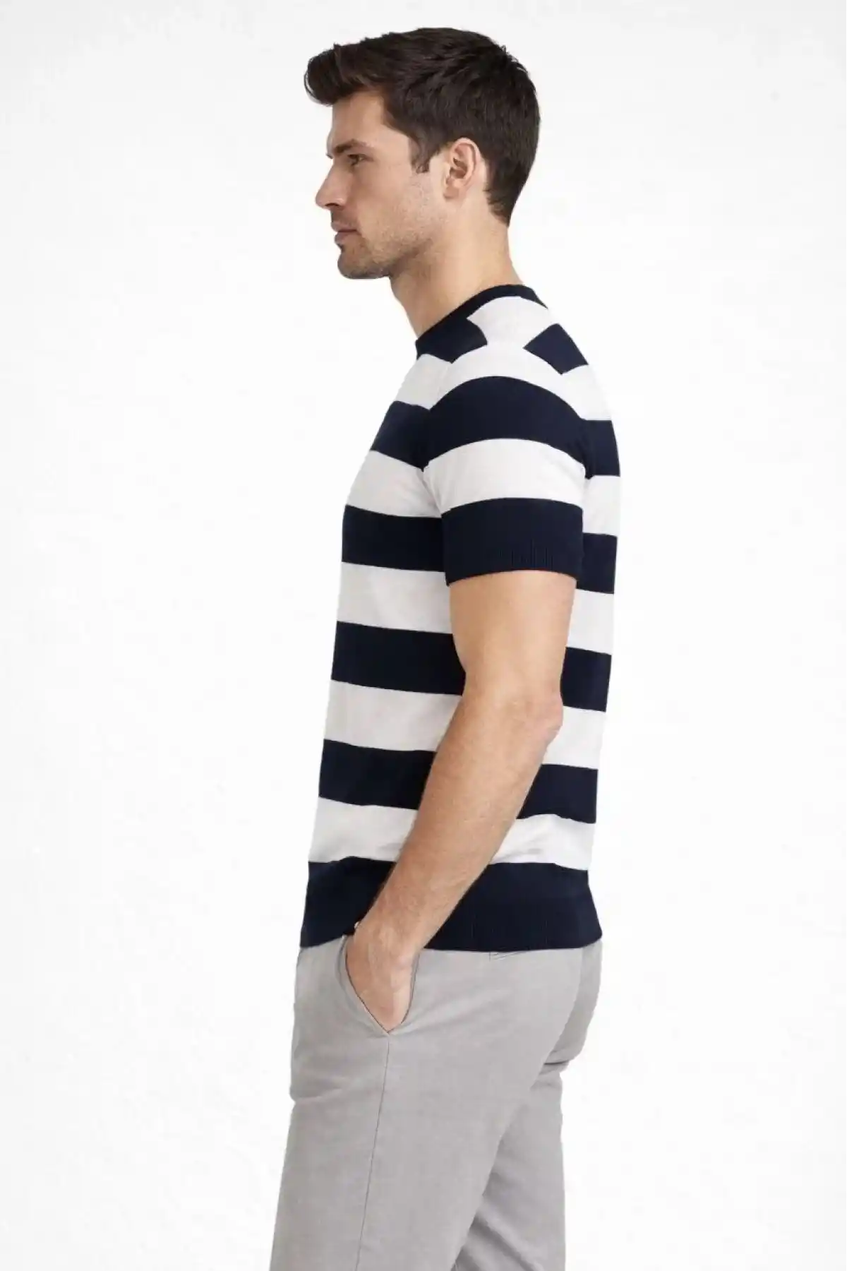 Erkek T-shirt Çizgili Triko Dokuma Bisiklet Yaka Tişört  - Siyah