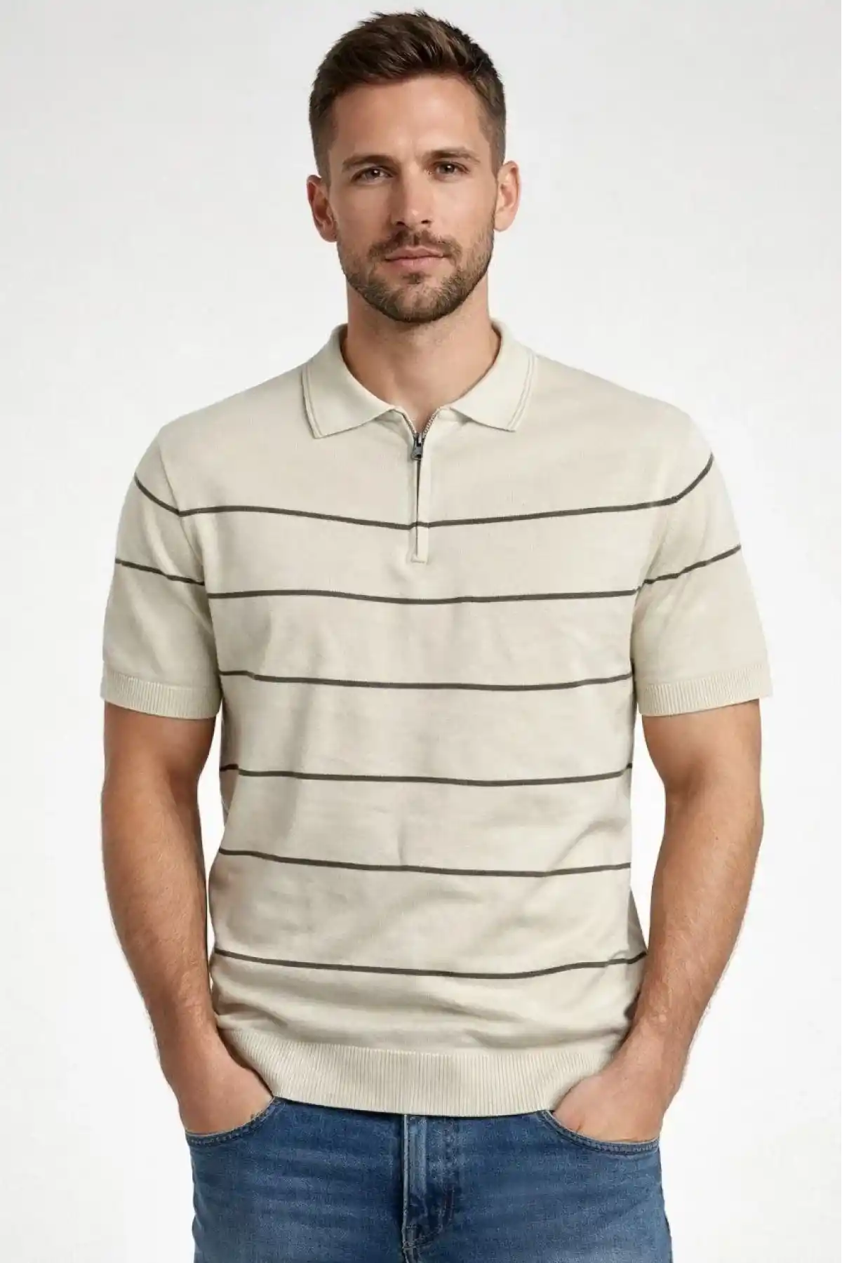 Erkek T-shirt Çizgili Triko Dokuma Kumaş Polo Yaka Yarım Fermuarlı Regular Kalıp Tişört - Bej