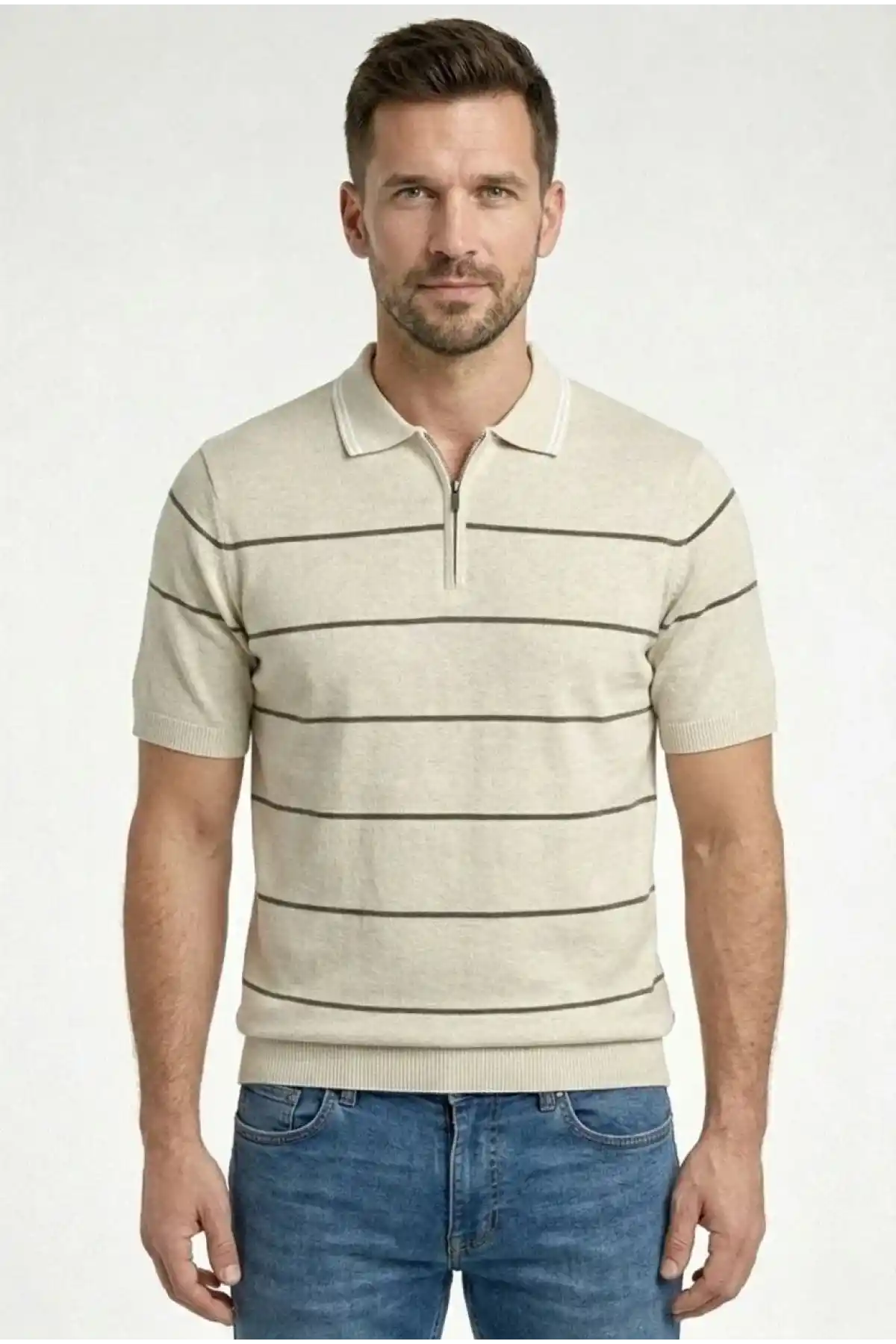Erkek T-shirt Çizgili Triko Dokuma Kumaş Polo Yaka Yarım Fermuarlı Regular Kalıp Tişört - Bej