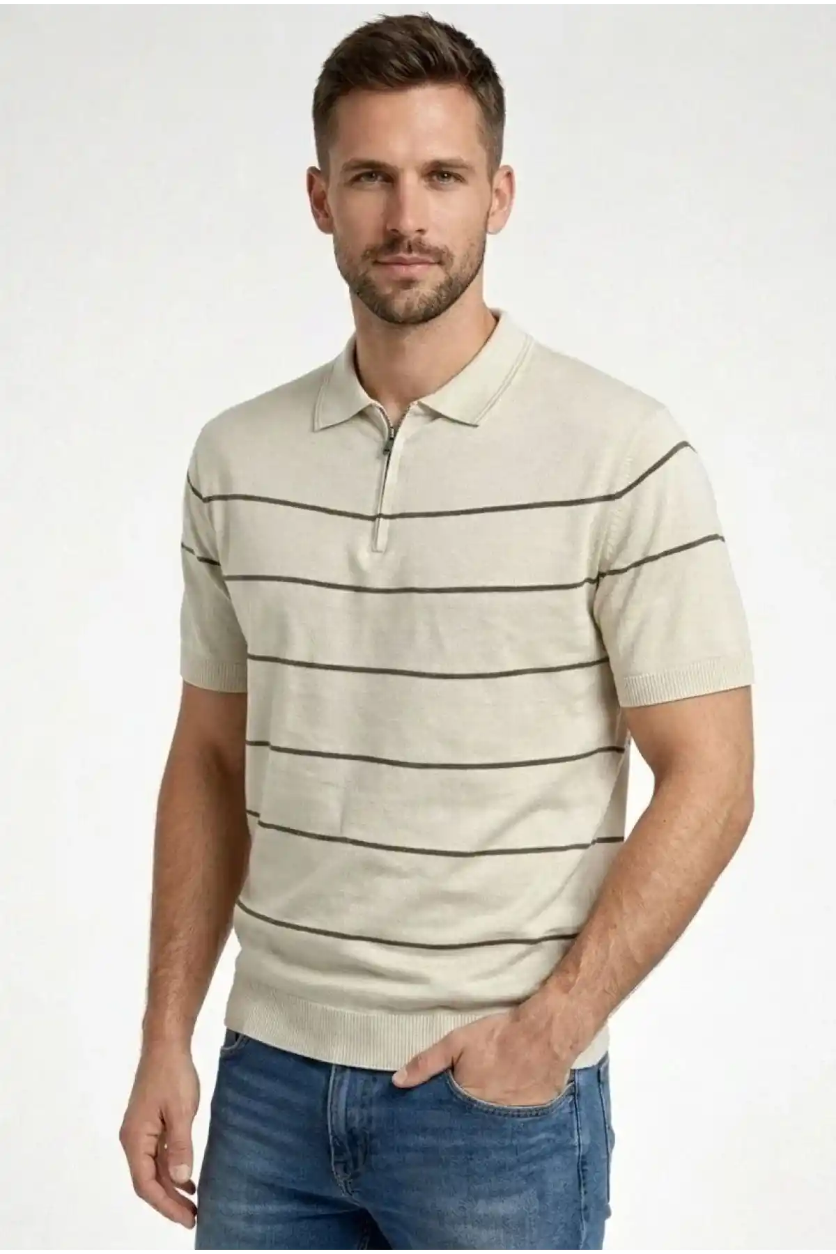Erkek T-shirt Çizgili Triko Dokuma Kumaş Polo Yaka Yarım Fermuarlı Regular Kalıp Tişört - Bej