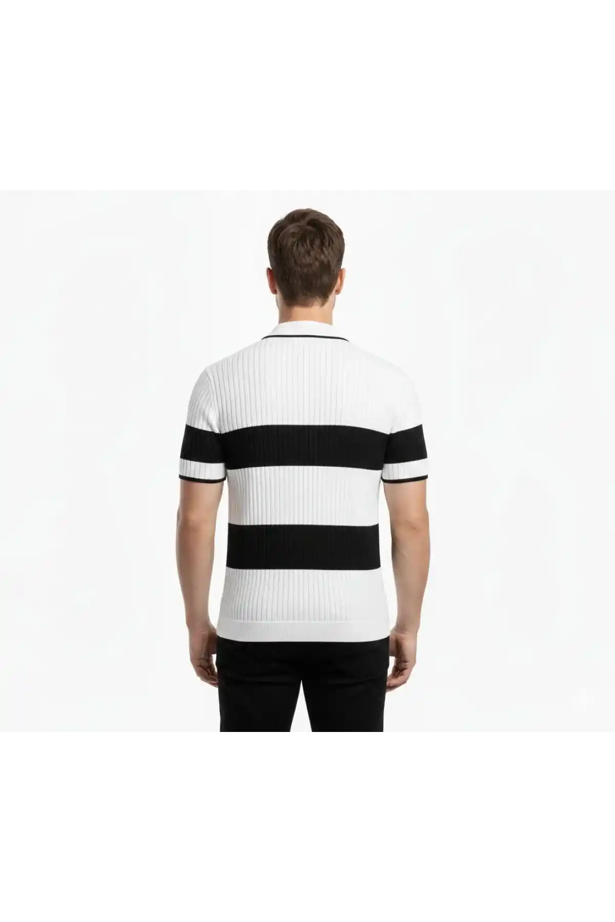 Erkek Çizgili Triko Dokuma Polo Yaka Yarım Fermuarlı Regular Kalıp Tişört - Beyaz