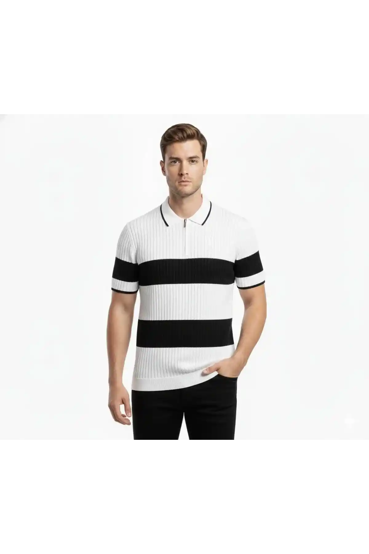 Erkek Çizgili Triko Dokuma Polo Yaka Yarım Fermuarlı Regular Kalıp Tişört - Beyaz