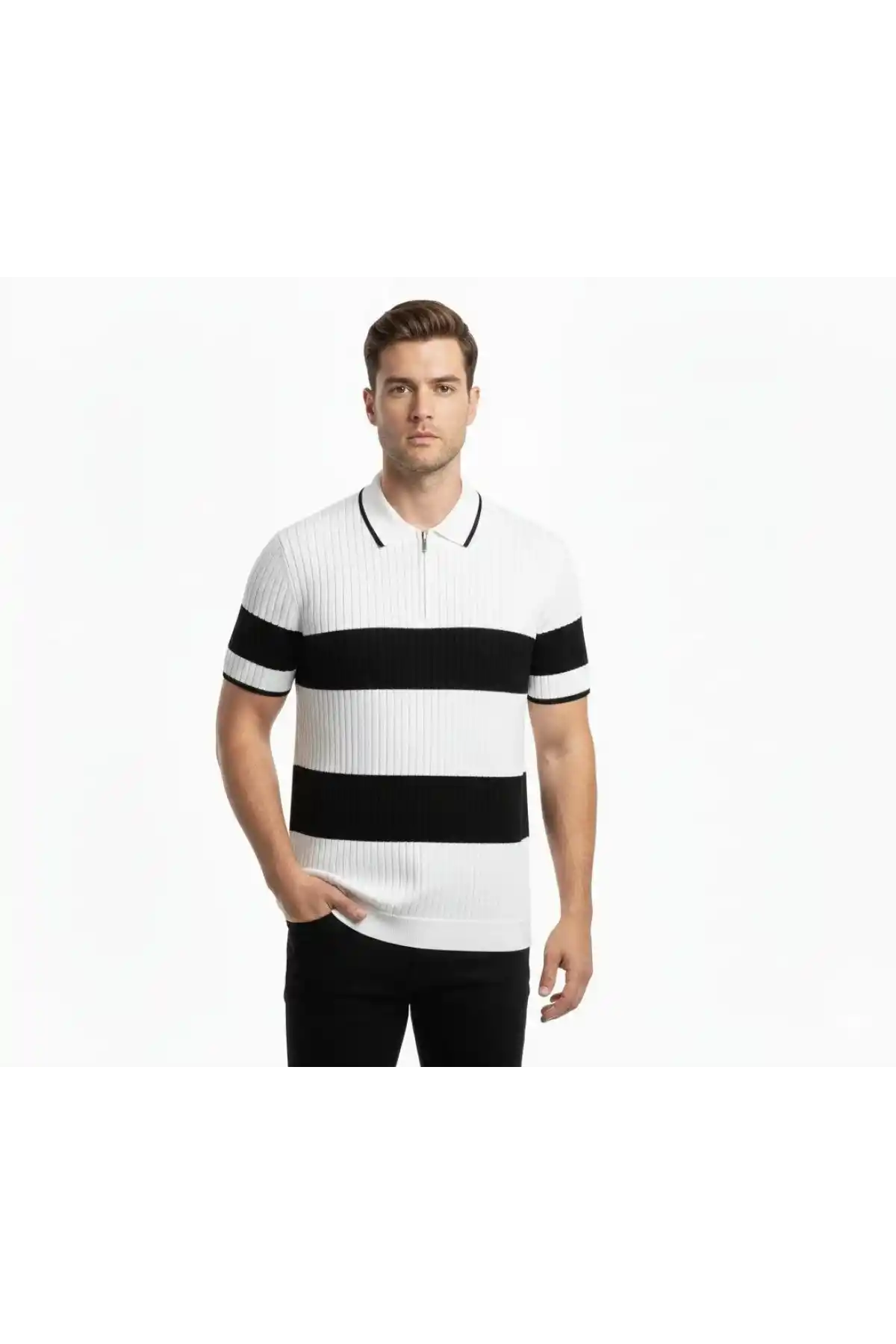 Erkek Çizgili Triko Dokuma Polo Yaka Yarım Fermuarlı Regular Kalıp Tişört - Beyaz