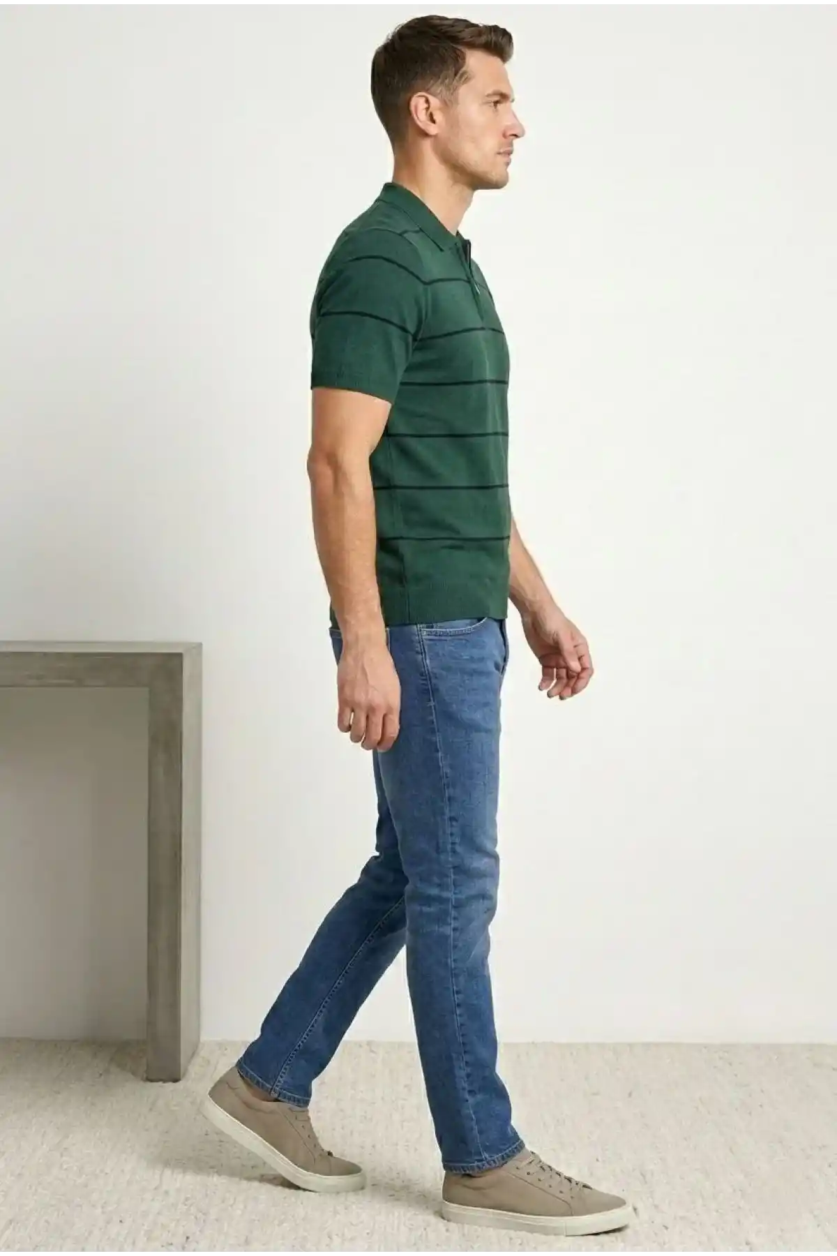 Erkek T-shirt Çizgili Triko Dokuma Kumaş Polo Yaka Yarım Fermuarlı Regular Kalıp Tişört - Çağla Yeşili