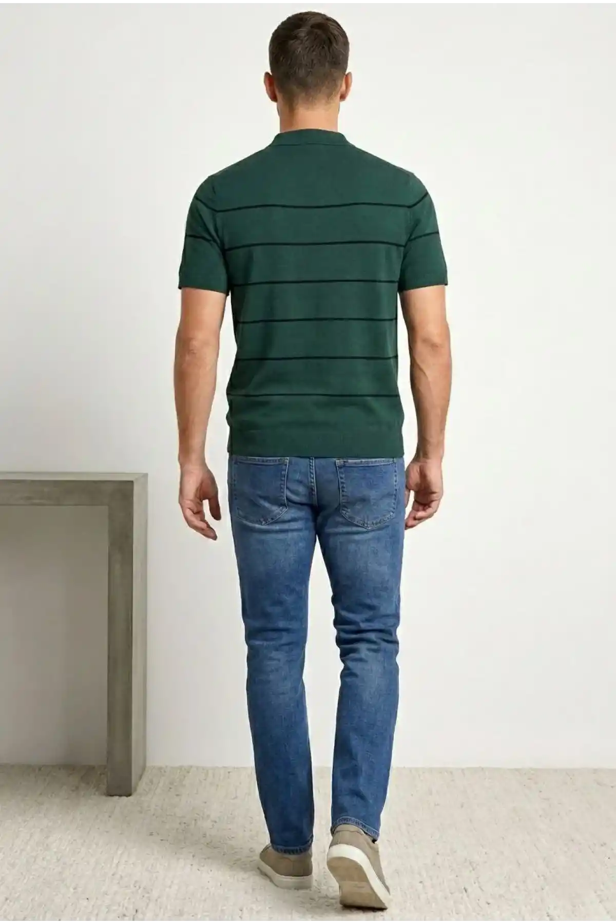 Erkek T-shirt Çizgili Triko Dokuma Kumaş Polo Yaka Yarım Fermuarlı Regular Kalıp Tişört - Çağla Yeşili