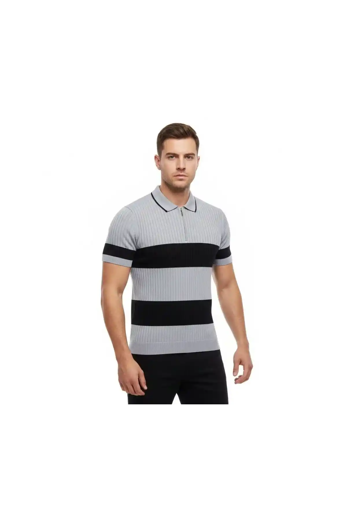 Erkek Çizgili Triko Dokuma Polo Yaka Yarım Fermuarlı Regular Kalıp Tişört - Gri