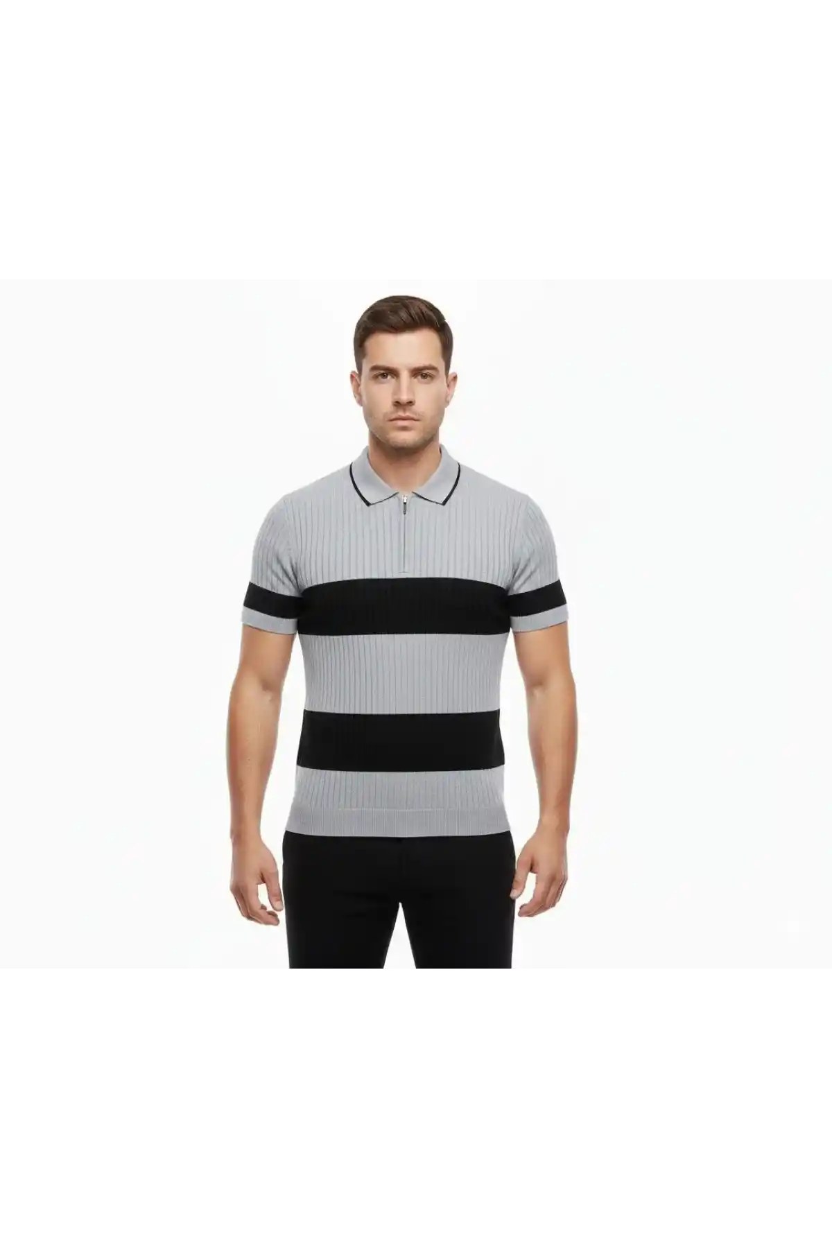 Erkek Çizgili Triko Dokuma Polo Yaka Yarım Fermuarlı Regular Kalıp Tişört - Gri