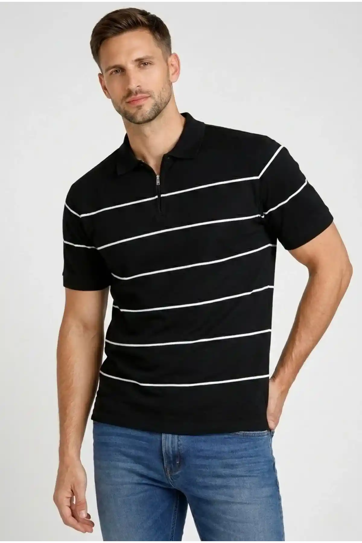 Erkek T-shirt Çizgili Triko Dokuma Kumaş Polo Yaka Yarım Fermuarlı Regular Kalıp Tişört - Siyah