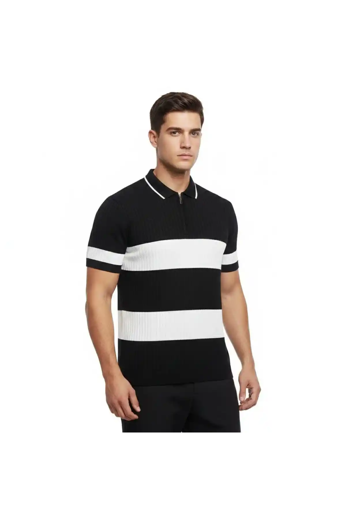 Erkek T-shirt Çizgili Triko Dokuma Kumaş Polo Yaka Yarım Fermuarlı Regular Kalıp Tişört - Siyah