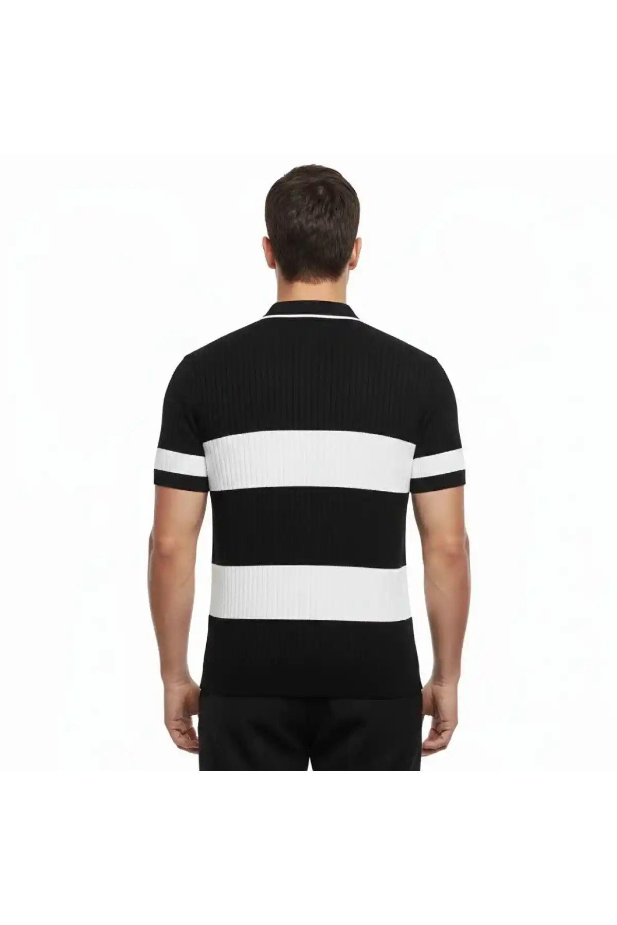 Erkek T-shirt Çizgili Triko Dokuma Kumaş Polo Yaka Yarım Fermuarlı Regular Kalıp Tişört - Siyah