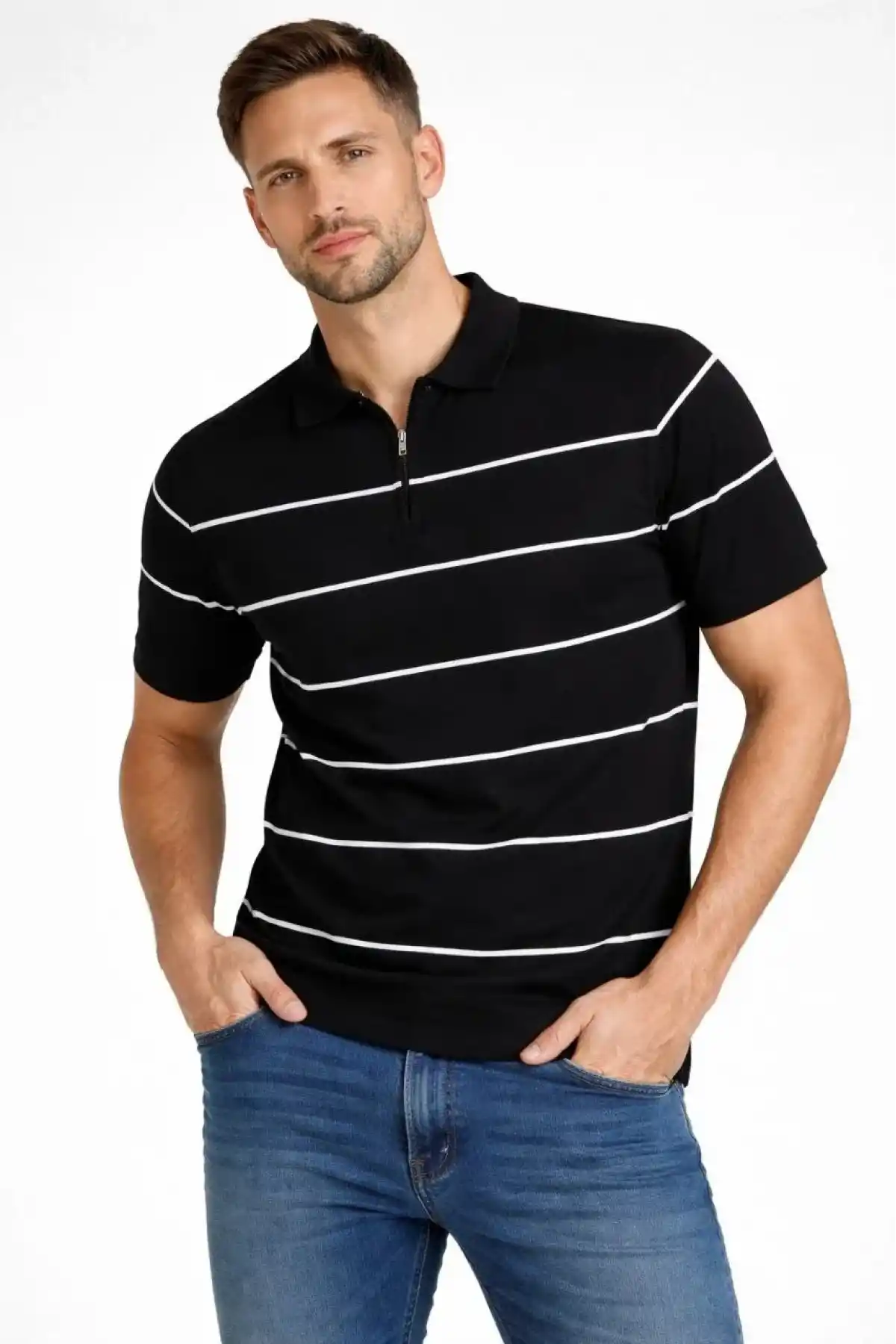 Erkek T-shirt Çizgili Triko Dokuma Kumaş Polo Yaka Yarım Fermuarlı Regular Kalıp Tişört - Siyah