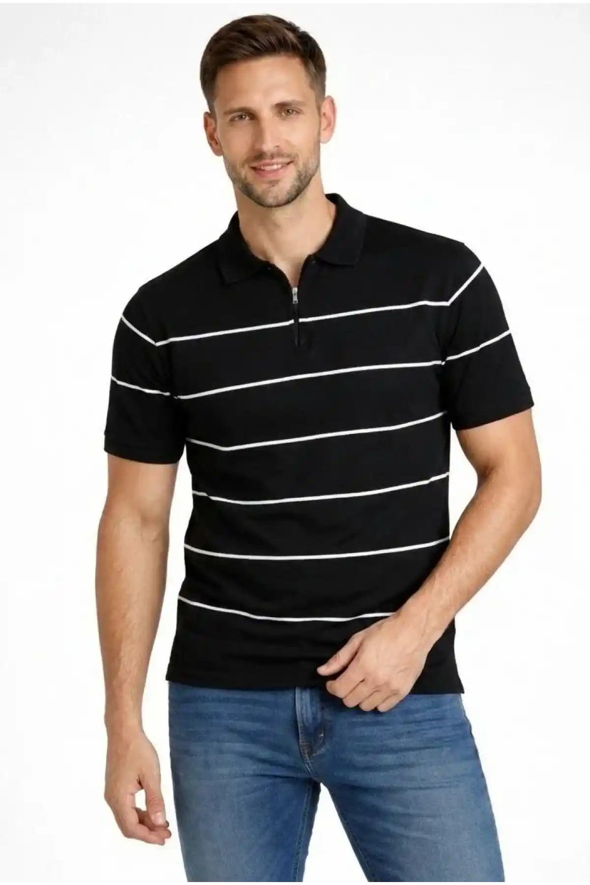 Erkek T-shirt Çizgili Triko Dokuma Kumaş Polo Yaka Yarım Fermuarlı Regular Kalıp Tişört - Siyah