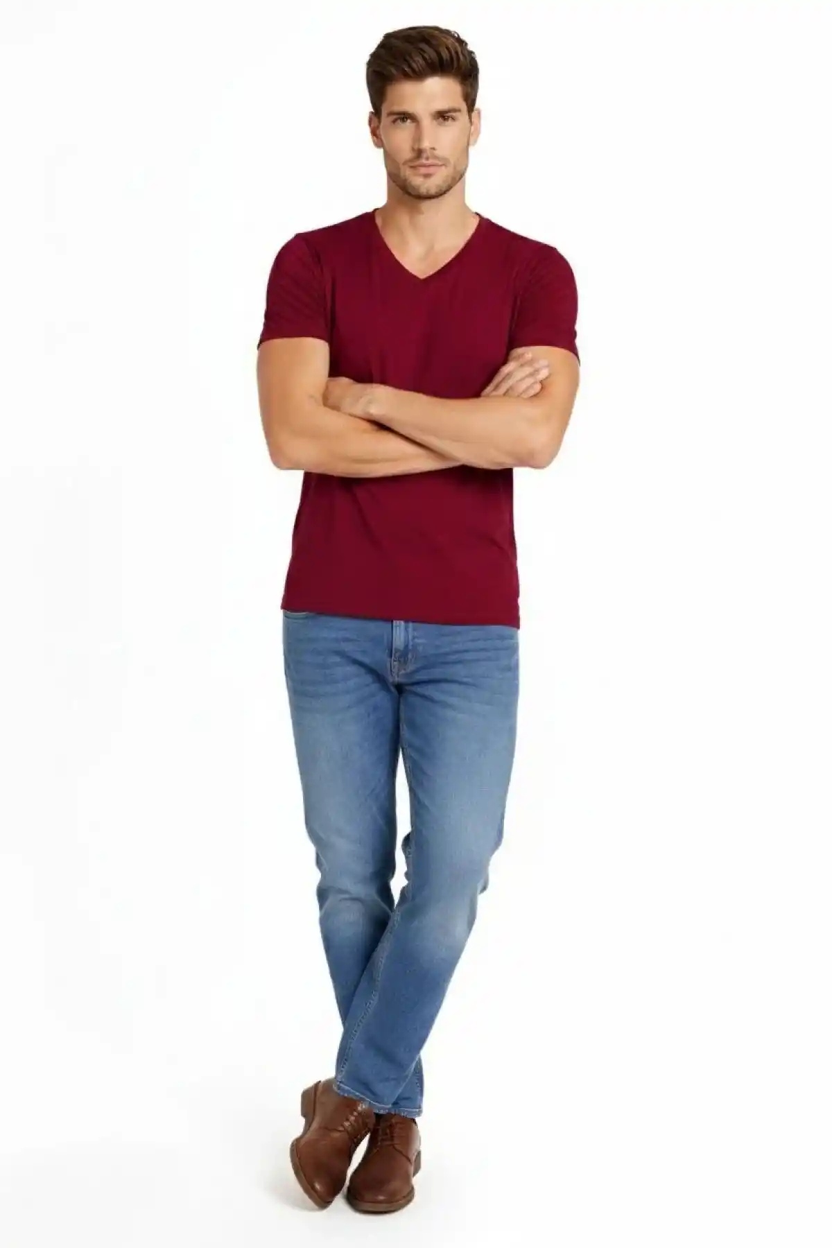 Erkek V Yaka Slim Fit dar kesim Likralı Tişört - Bordo