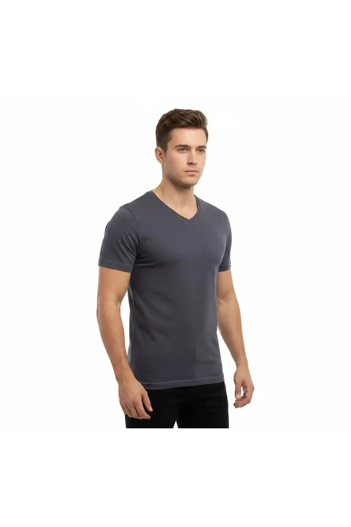 Erkek T-Shirt V Yaka Slim Fit dar kesim Likralı Tişört Günlük Basic Body - Füme