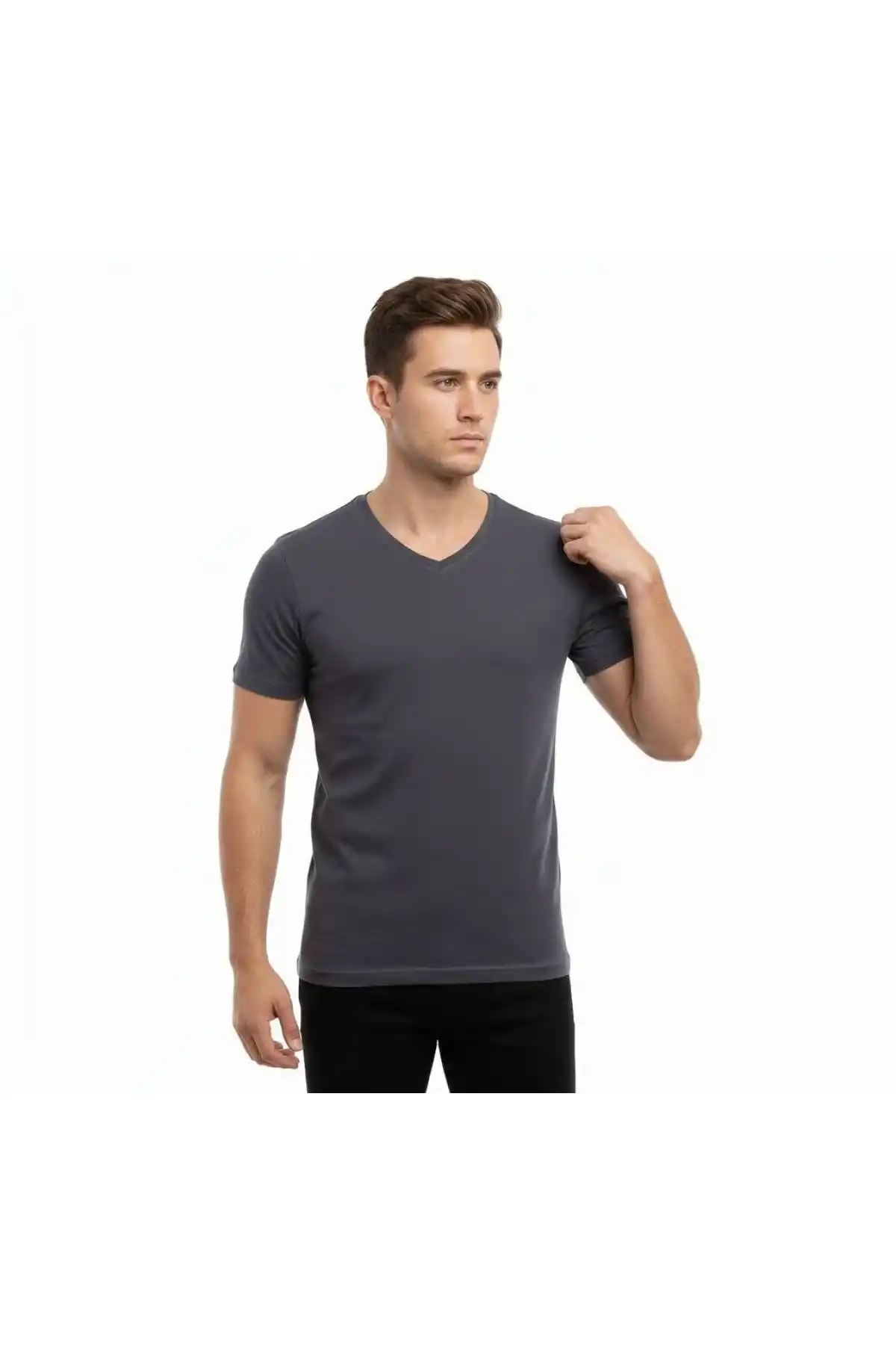 Erkek T-Shirt V Yaka Slim Fit dar kesim Likralı Tişört Günlük Basic Body - Füme