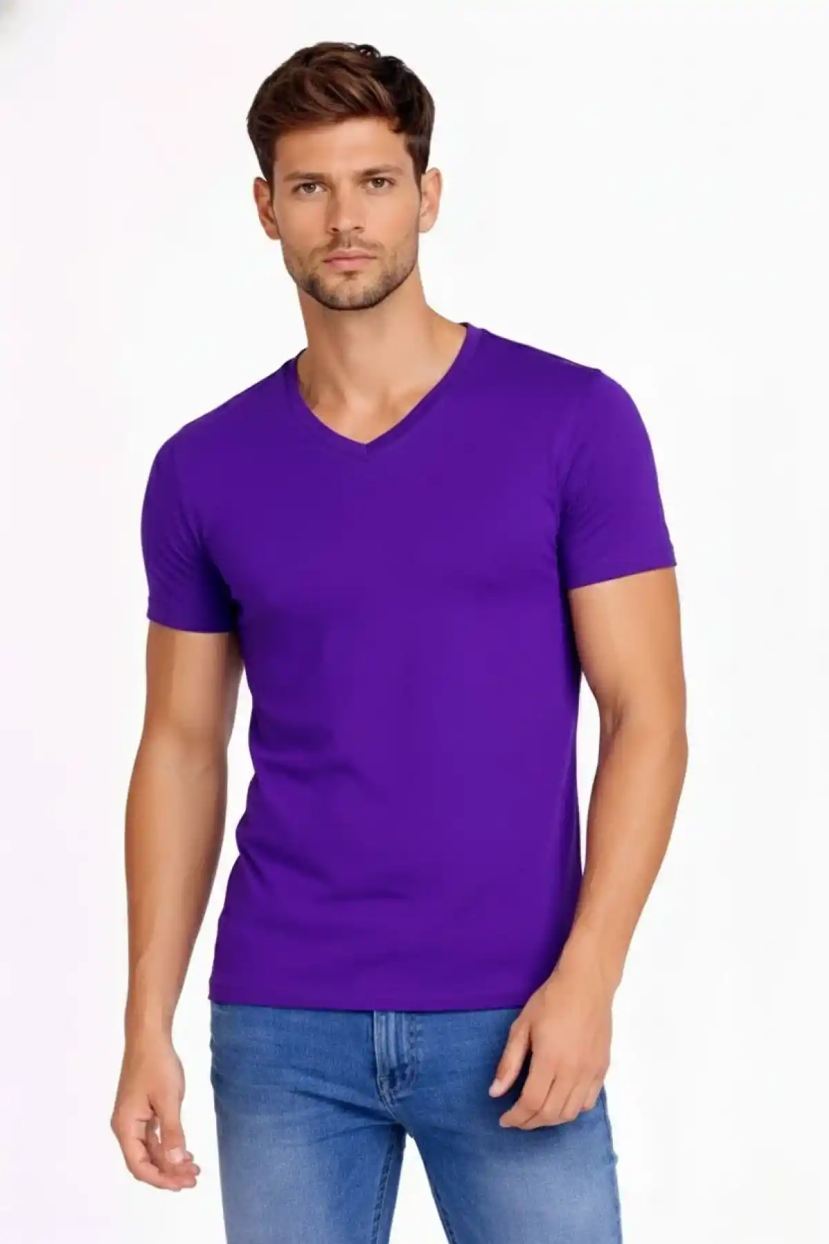 Erkek V Yaka Slim Fit dar kesim Likralı Tişört - Mor