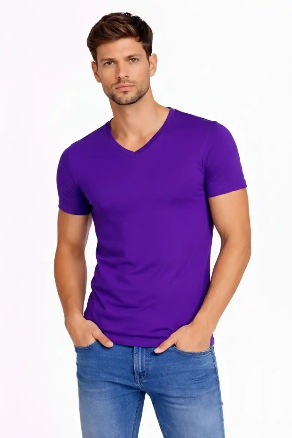 Erkek V Yaka Slim Fit dar kesim Likralı Tişört - Mor