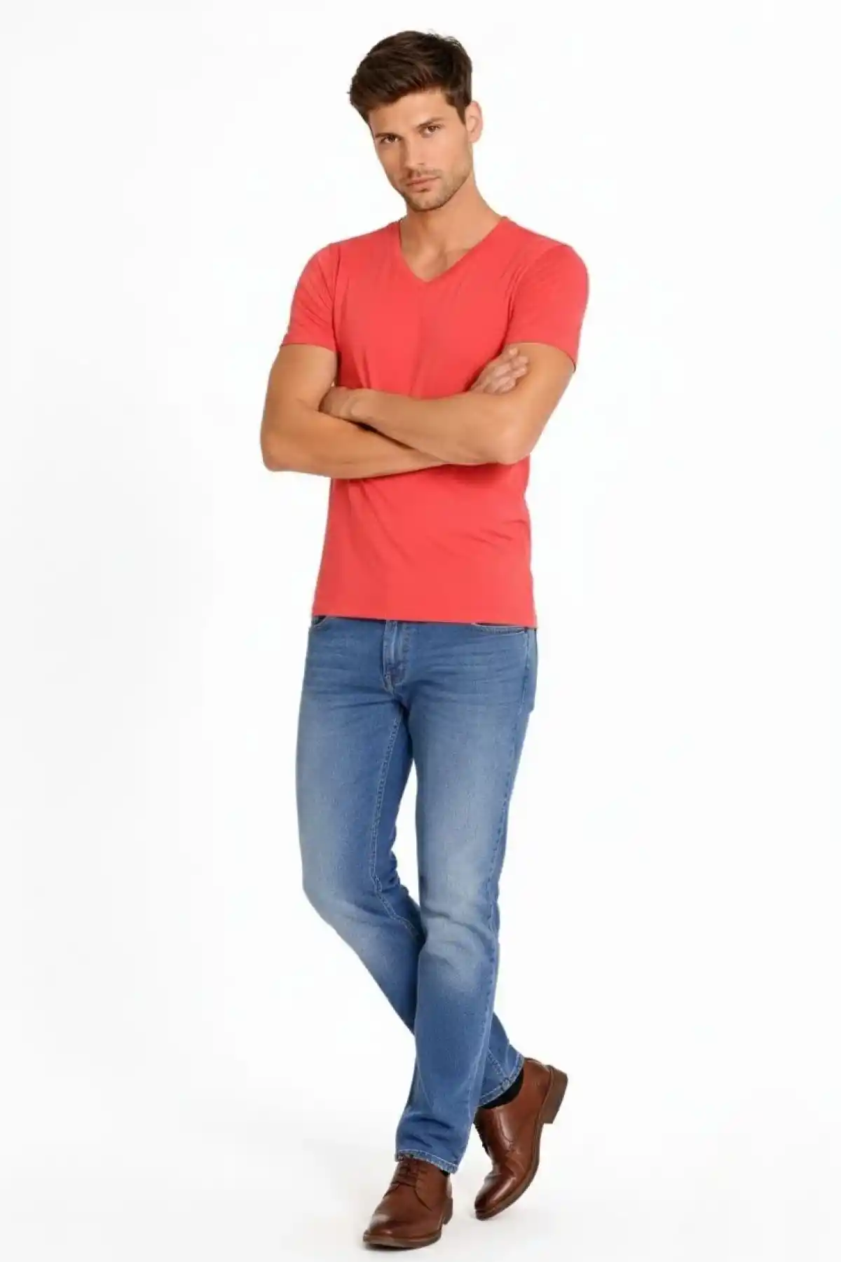 Erkek V Yaka Slim Fit dar kesim Likralı Tişört - Nar Çiçeği