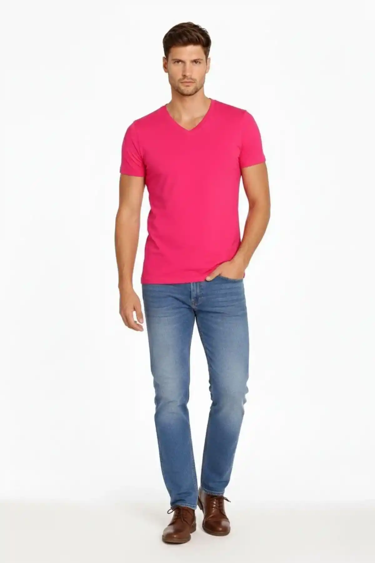 Erkek V Yaka Slim Fit dar kesim Likralı Tişört - Pembe
