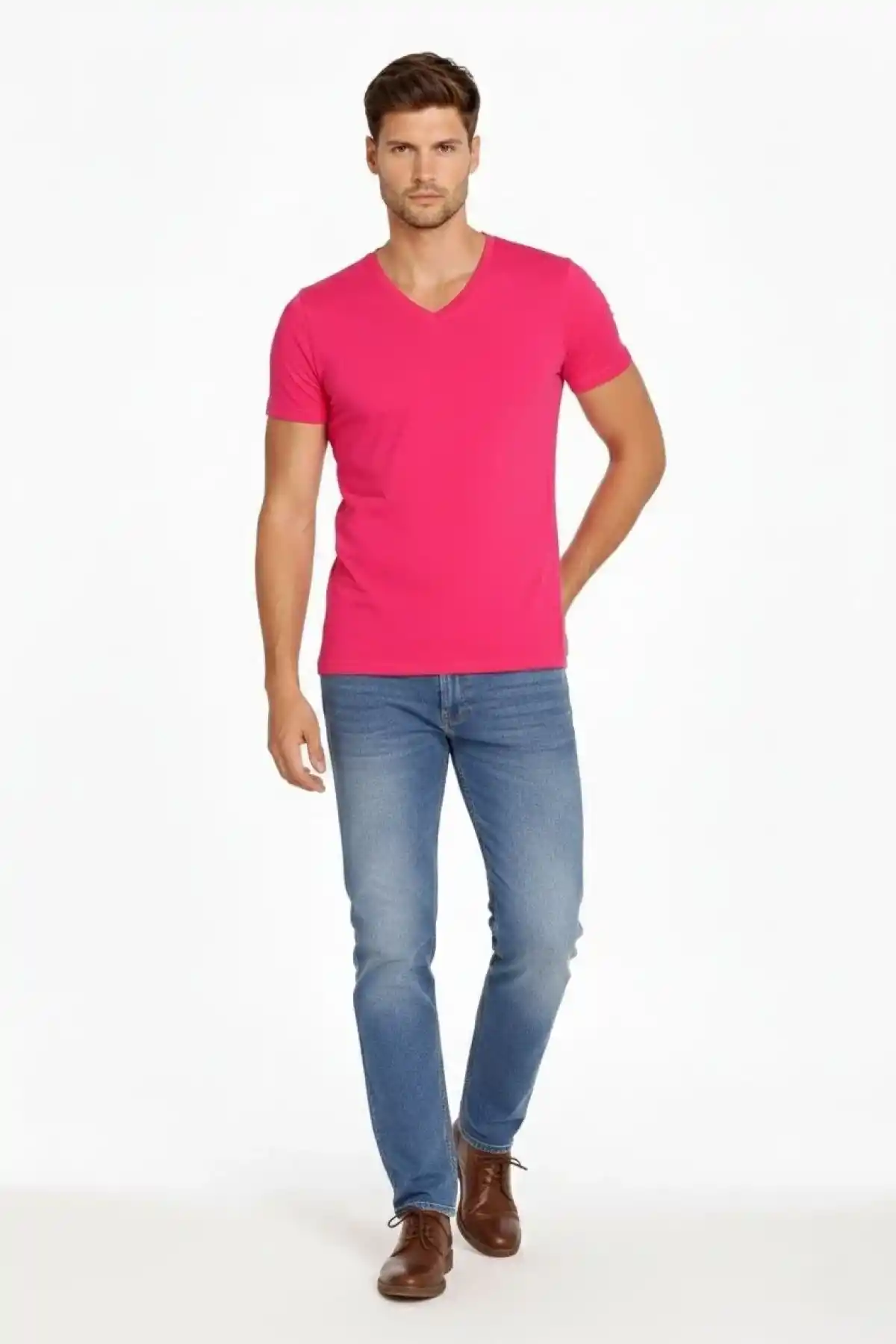 Erkek V Yaka Slim Fit dar kesim Likralı Tişört - Pembe