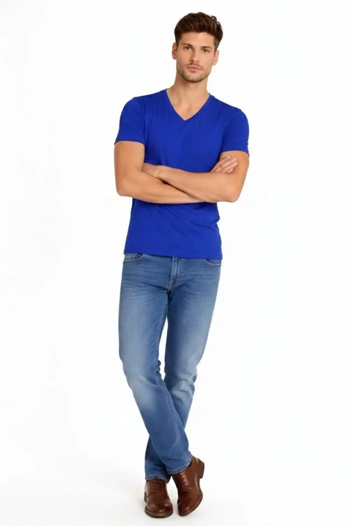 Erkek V Yaka Slim Fit dar kesim Likralı Tişört - Saks Mavisi