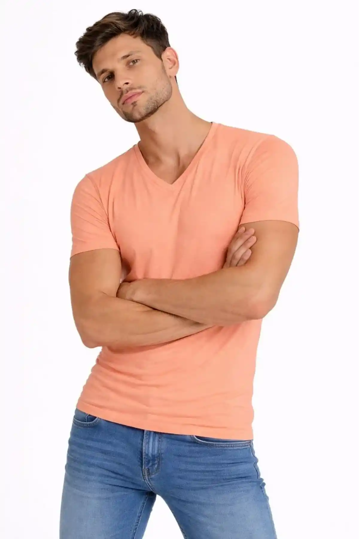 Erkek T-Shirt V Yaka Slim Fit dar kesim Likralı Tişört Günlük Basic Body - Toz Pembe