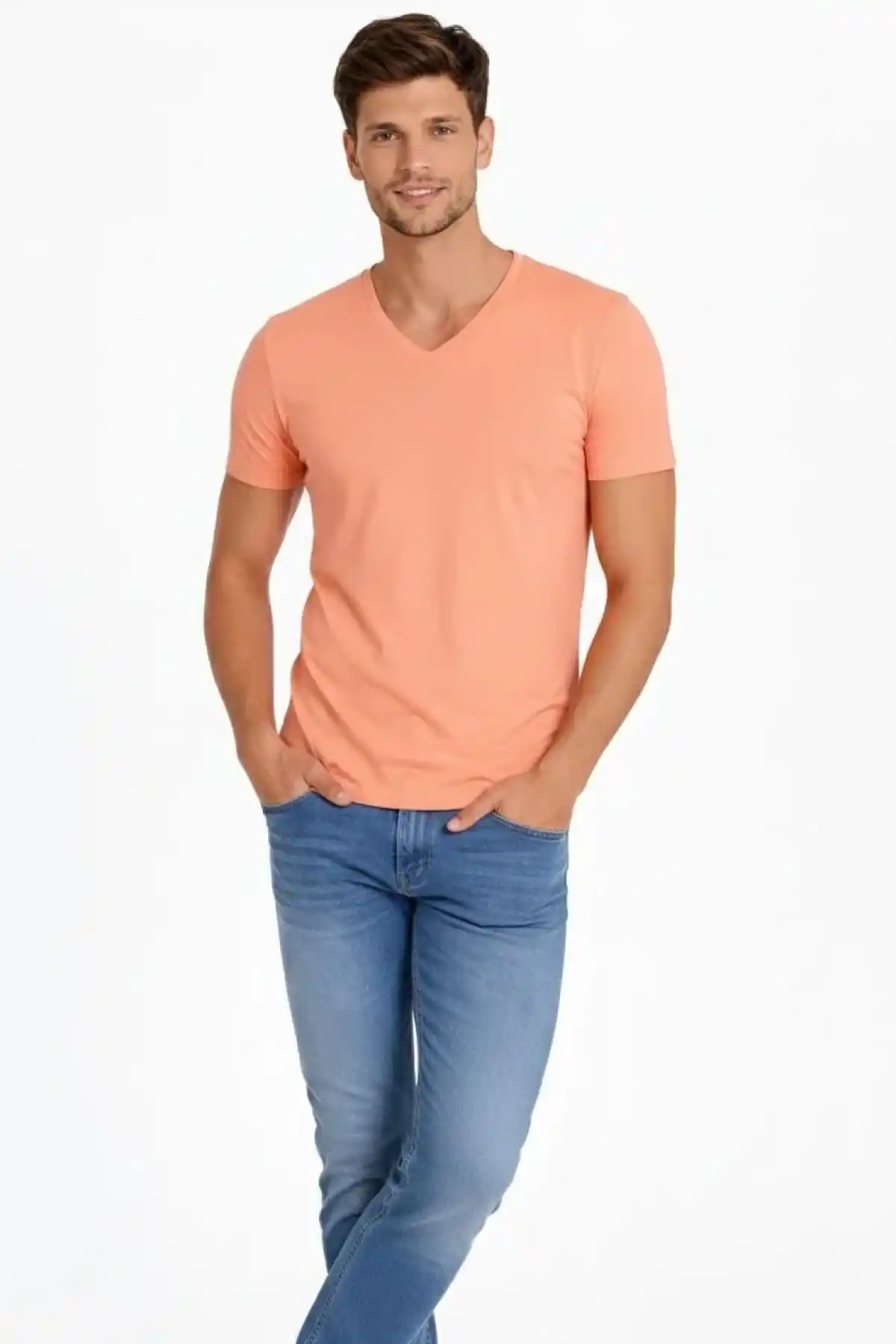 Erkek T-Shirt V Yaka Slim Fit dar kesim Likralı Tişört Günlük Basic Body - Toz Pembe