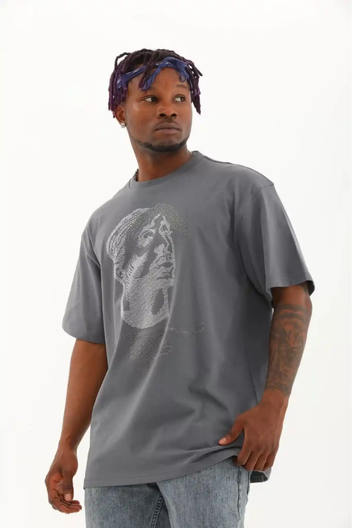 Unisex Oversize Taşlı Bisiklet Yaka T-Shirt - Füme