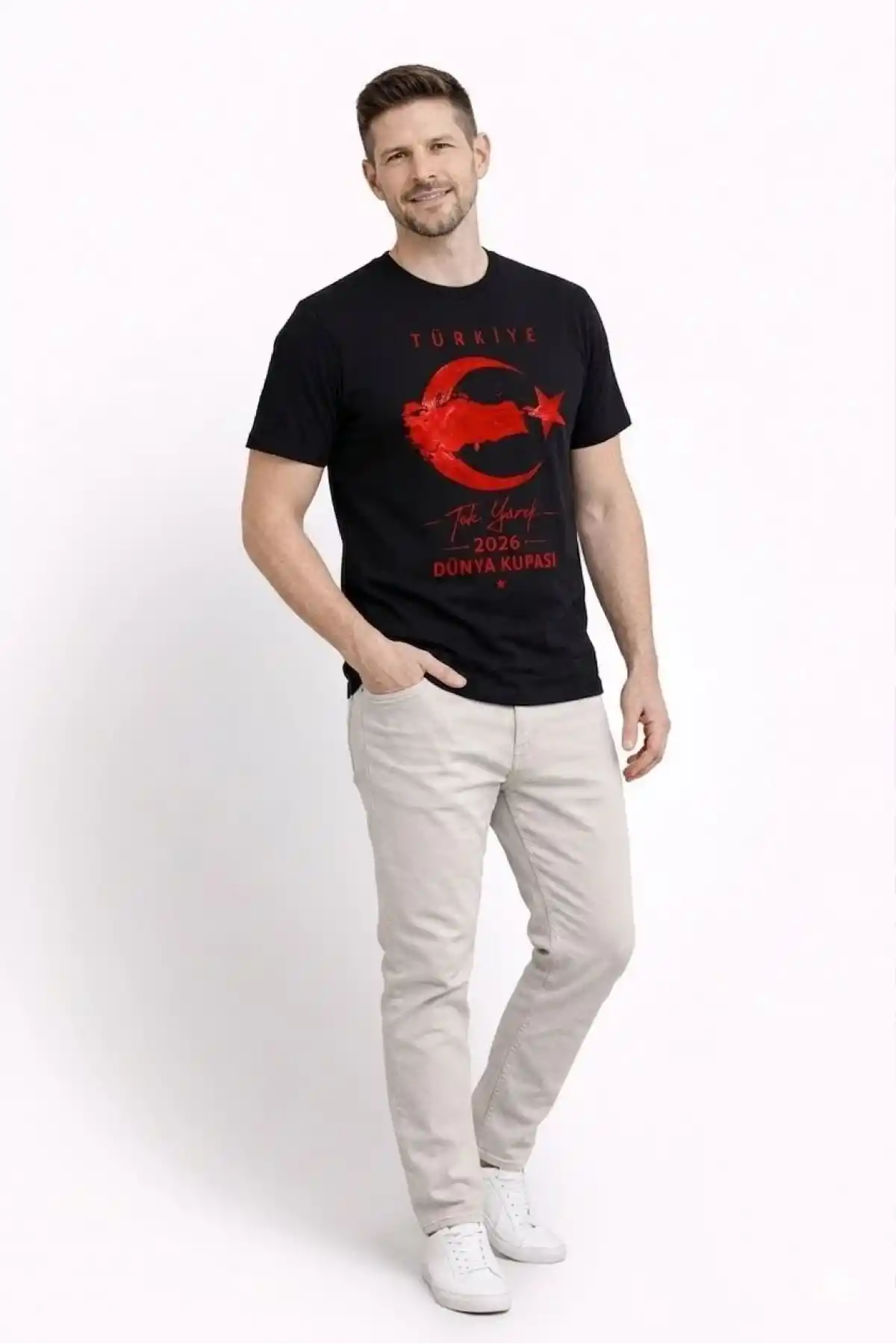 Erkek TÜRKİYE Ay Yıldız Baskılı Taraftar Forma T-Shirt - Siyah