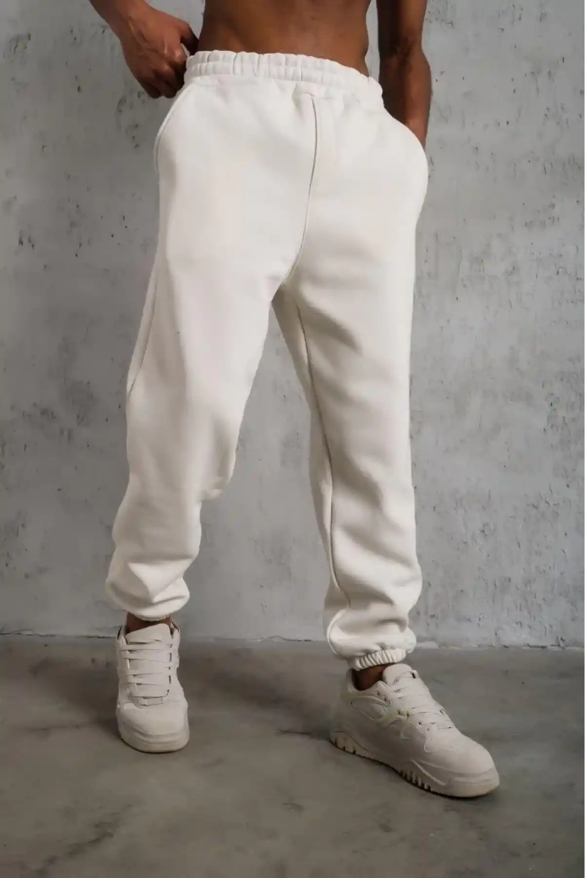 Erkek Üç İplik Alt Eşofman Lastikli - Beyaz