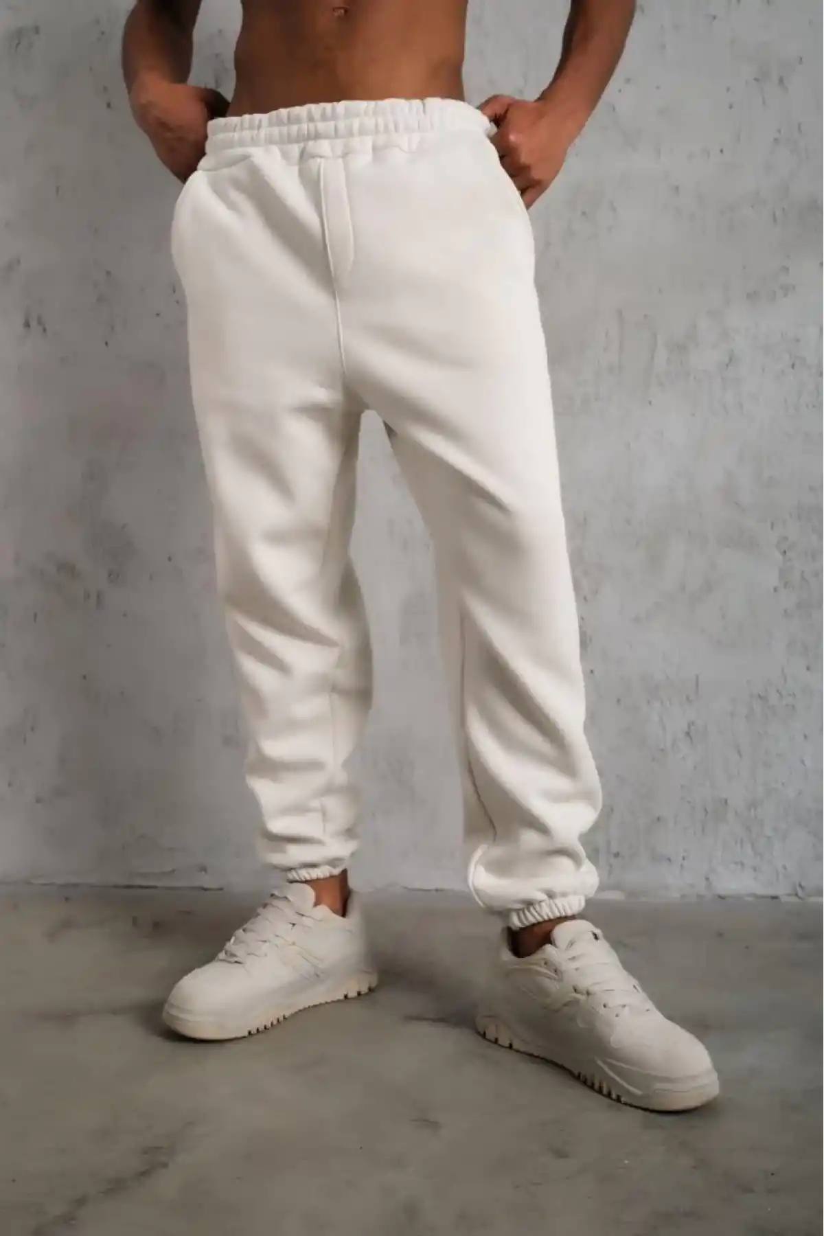 Erkek Üç İplik Alt Eşofman Lastikli - Beyaz